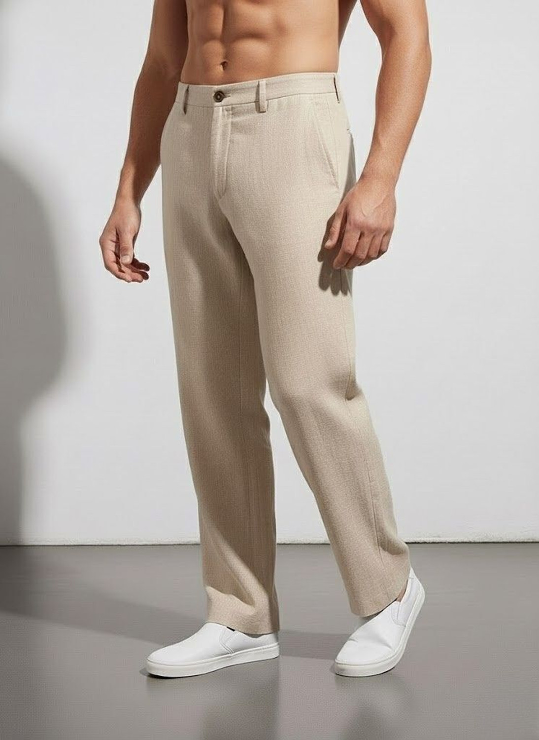 Image of Smowkly Straight Fit Men Beige Trousers