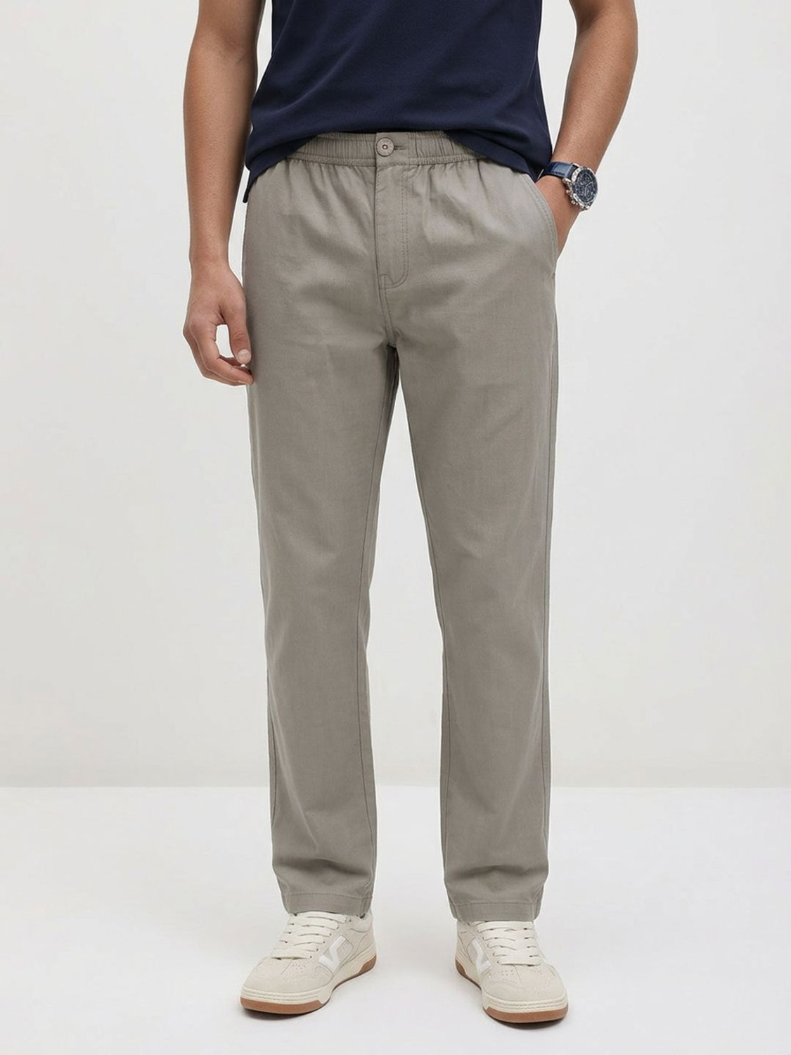 Image of Roadster Pack of 3 Men Straight Fit Grey Pure Cotton Trousers
