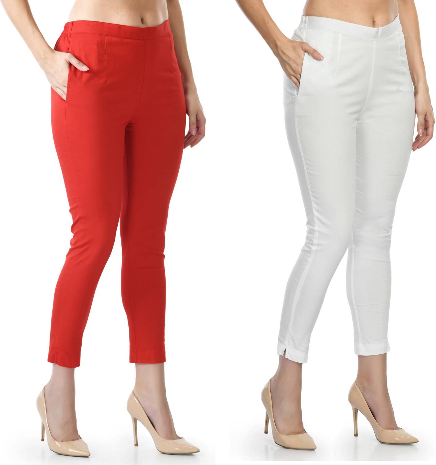 24Hour Fashion Pack of 2 Women Regular Fit Red, White Cotton Blend Trousers