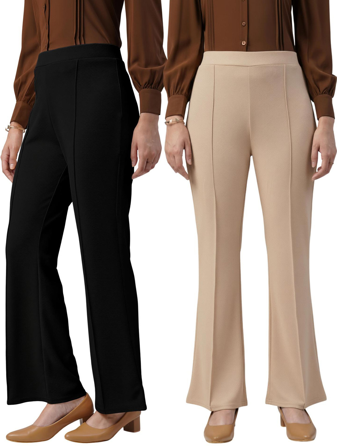 Image of FUBACK Regular Fit Women Black, Beige Trousers
