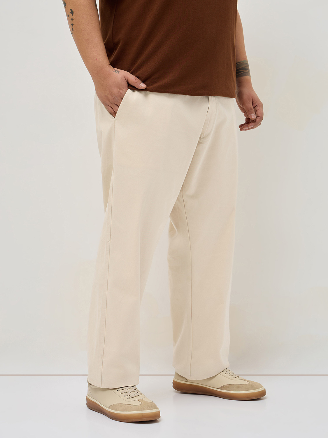 Image of Urbano Plus Straight Fit Men Beige Trousers