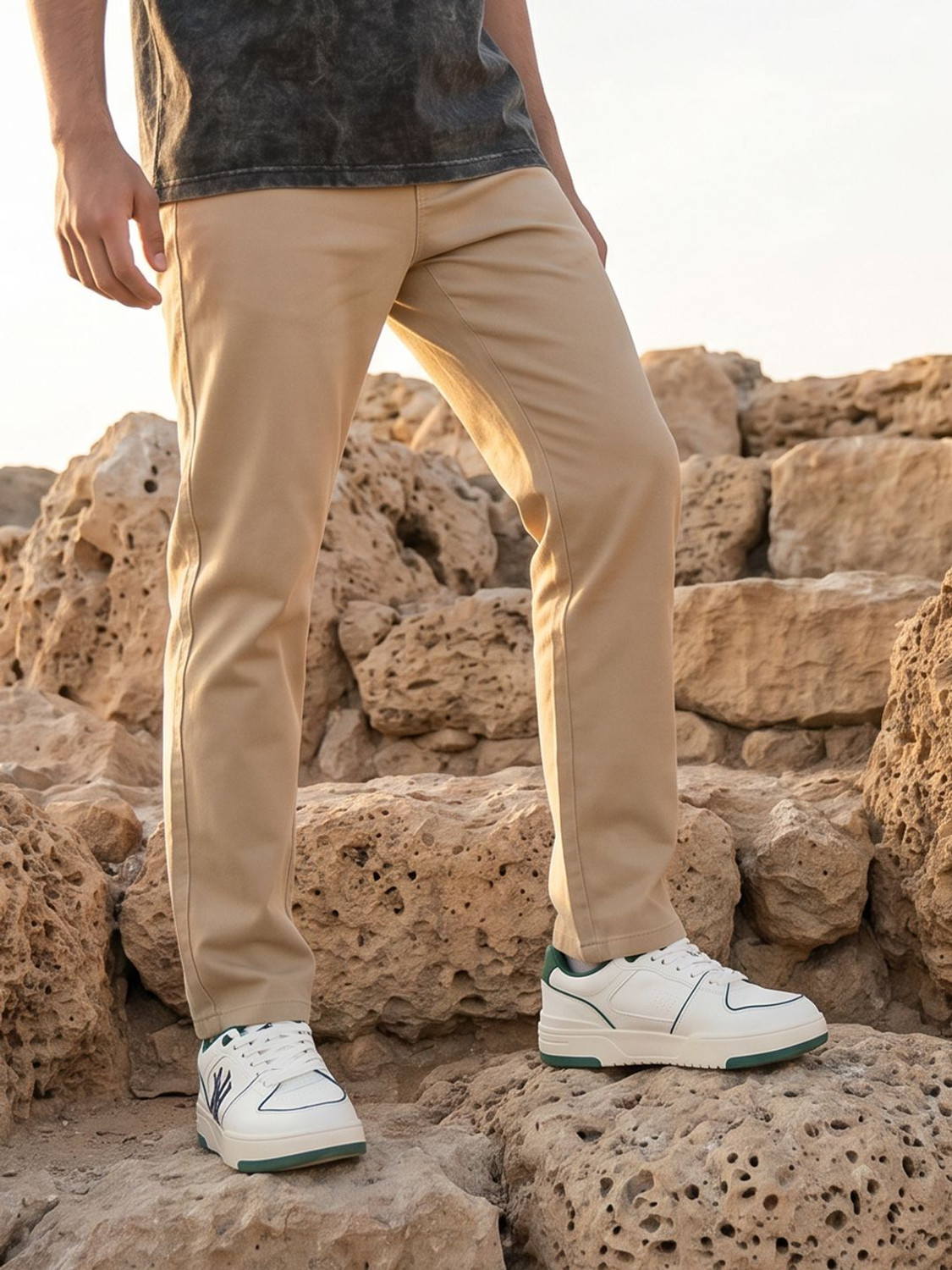 Image of Roadster Men Regular Fit Beige Pure Cotton Trousers