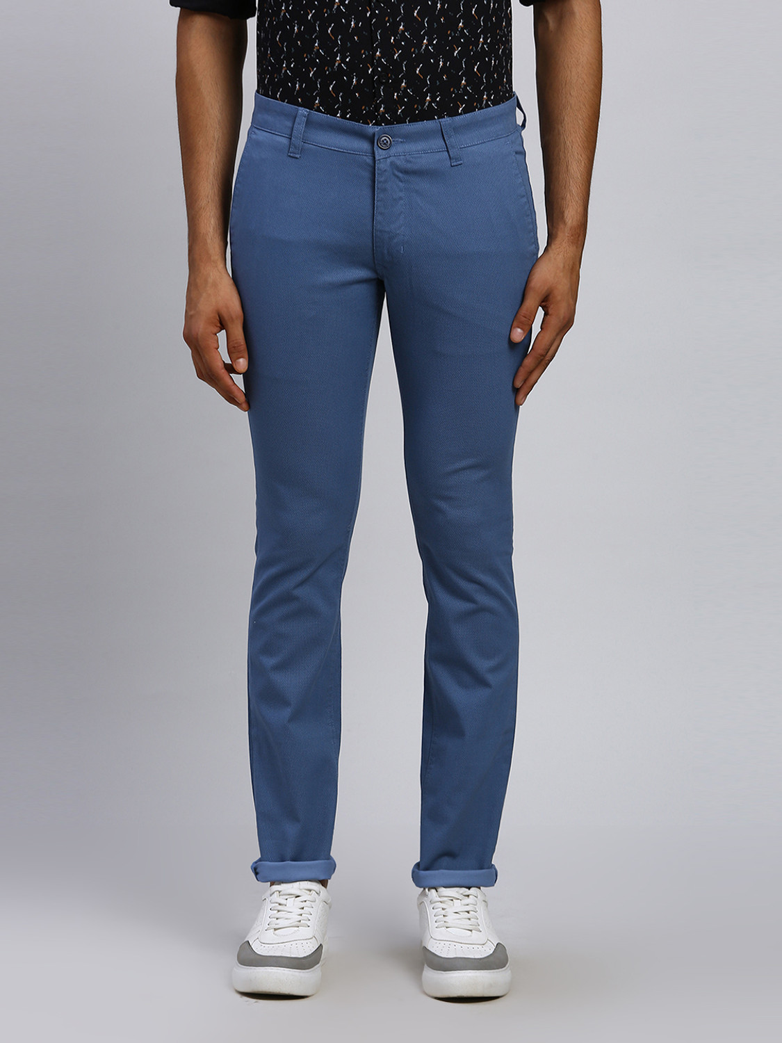 Image of PARX Men Slim Fit Blue Cotton Blend Trousers