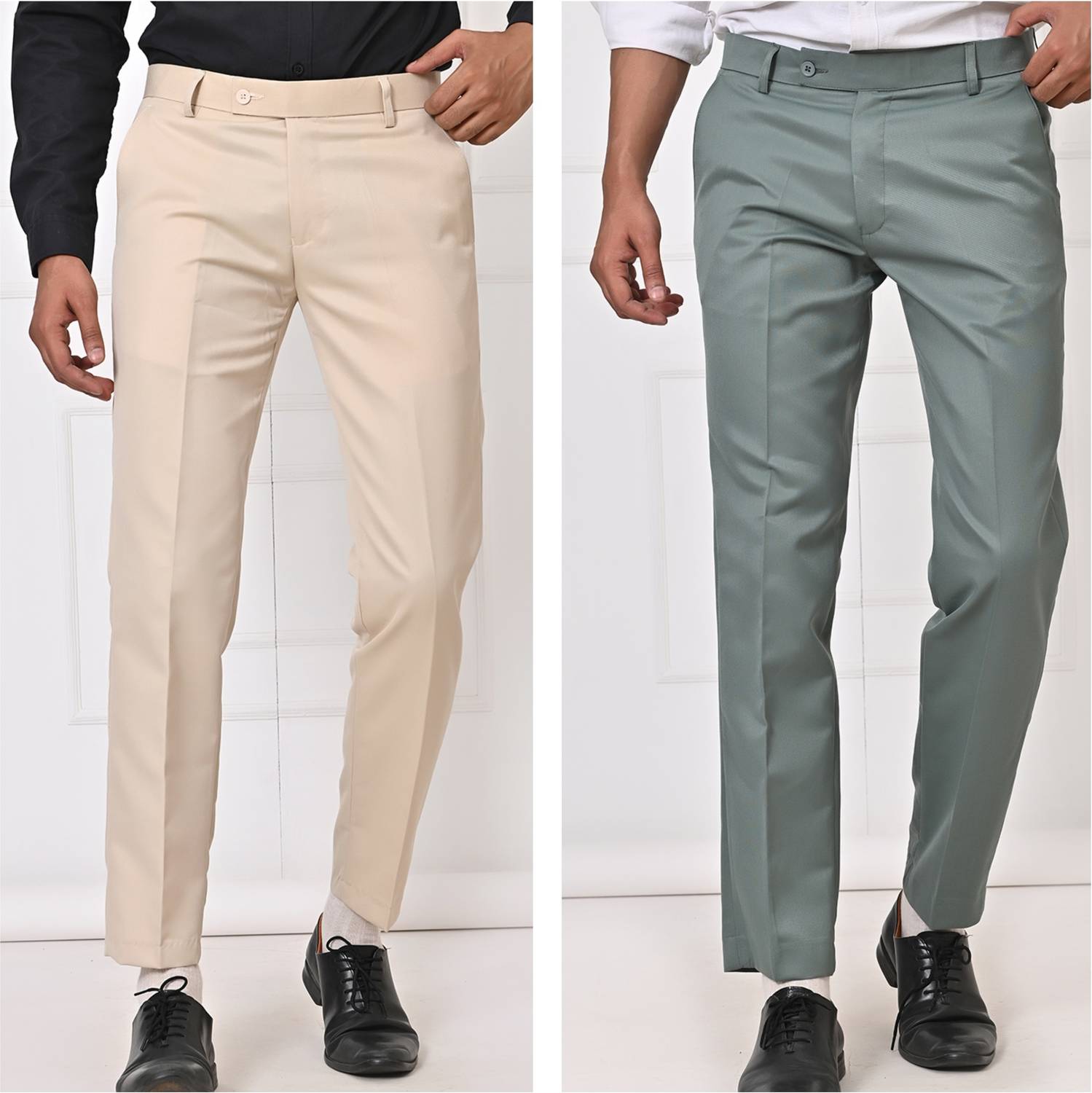 El Cielo Men Beige, Light Green Trousers Pack of 2 - Image 1