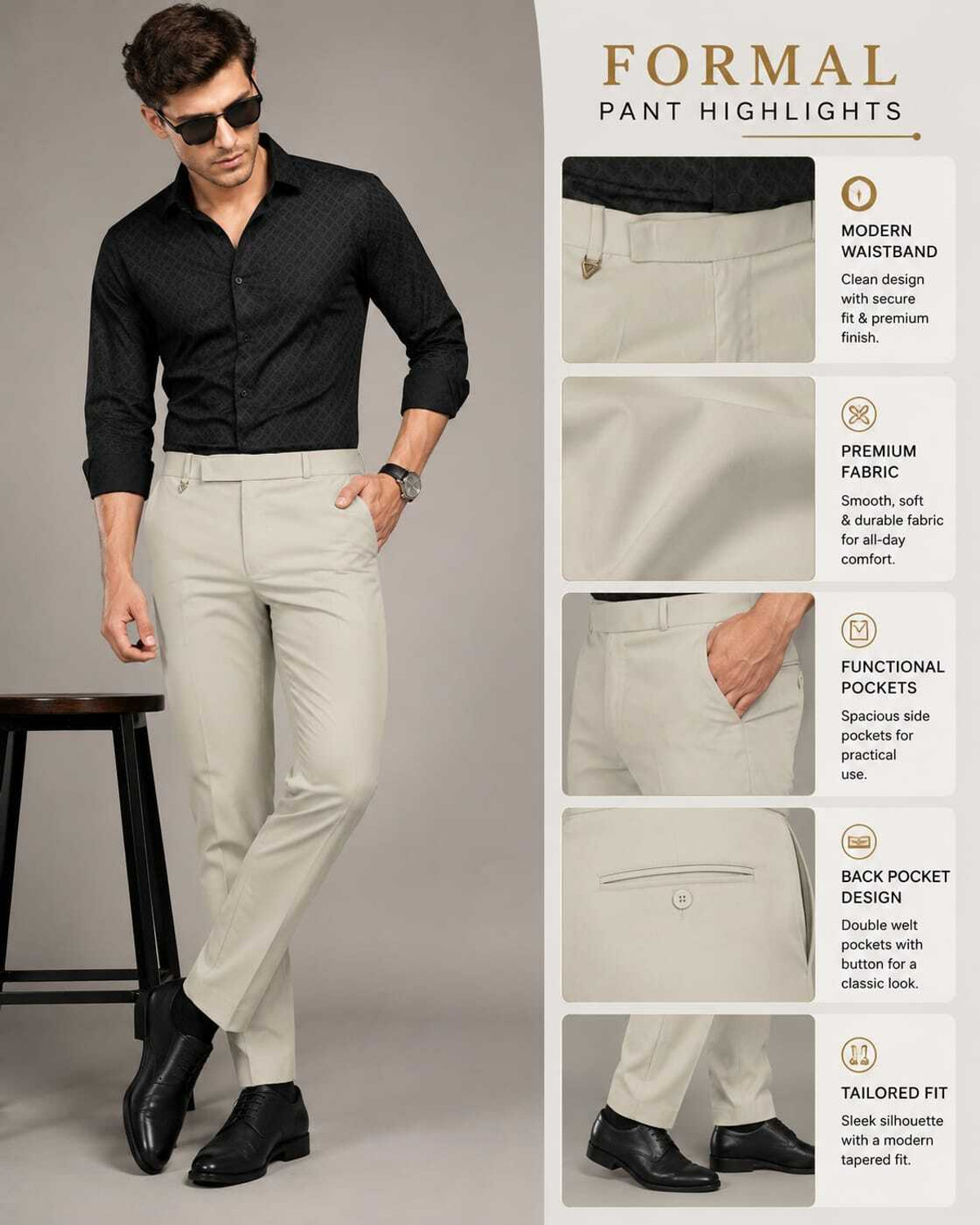 Image of Moudlin Men Regular Fit Beige Cotton Blend Trousers