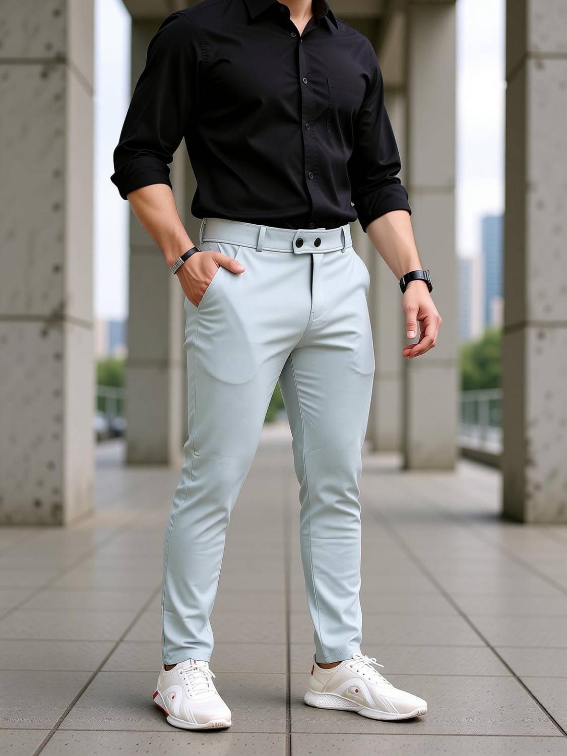 Men Slim Fit Grey Lycra Blend Trousers - Image 2