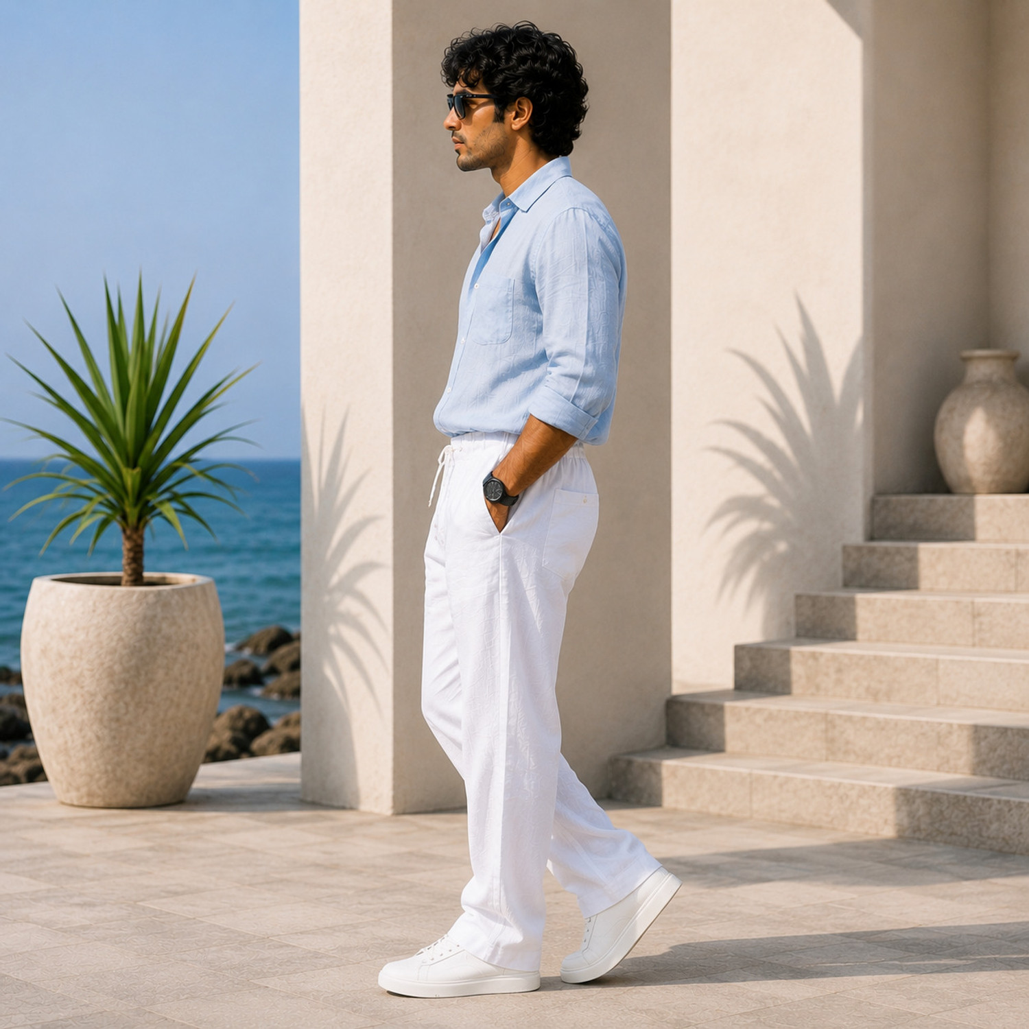 Image of XQZG Men Regular Fit White Linen Blend Trousers