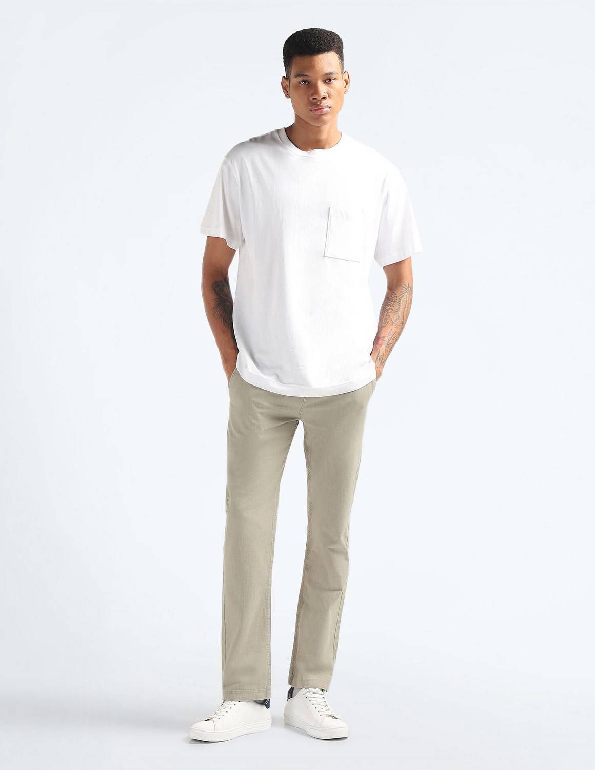 Men Regular Fit Beige Cotton Blend Trousers - Image 3