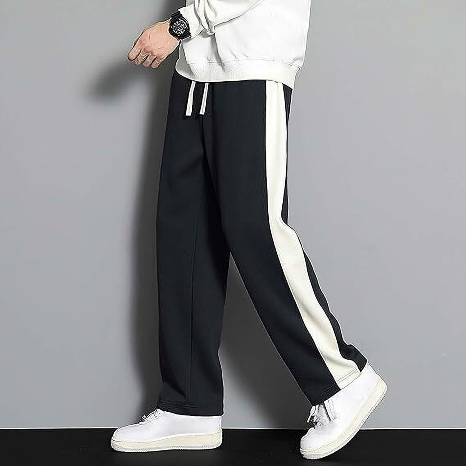 Image of Ptvize Loose Fit Men Black, White Trousers