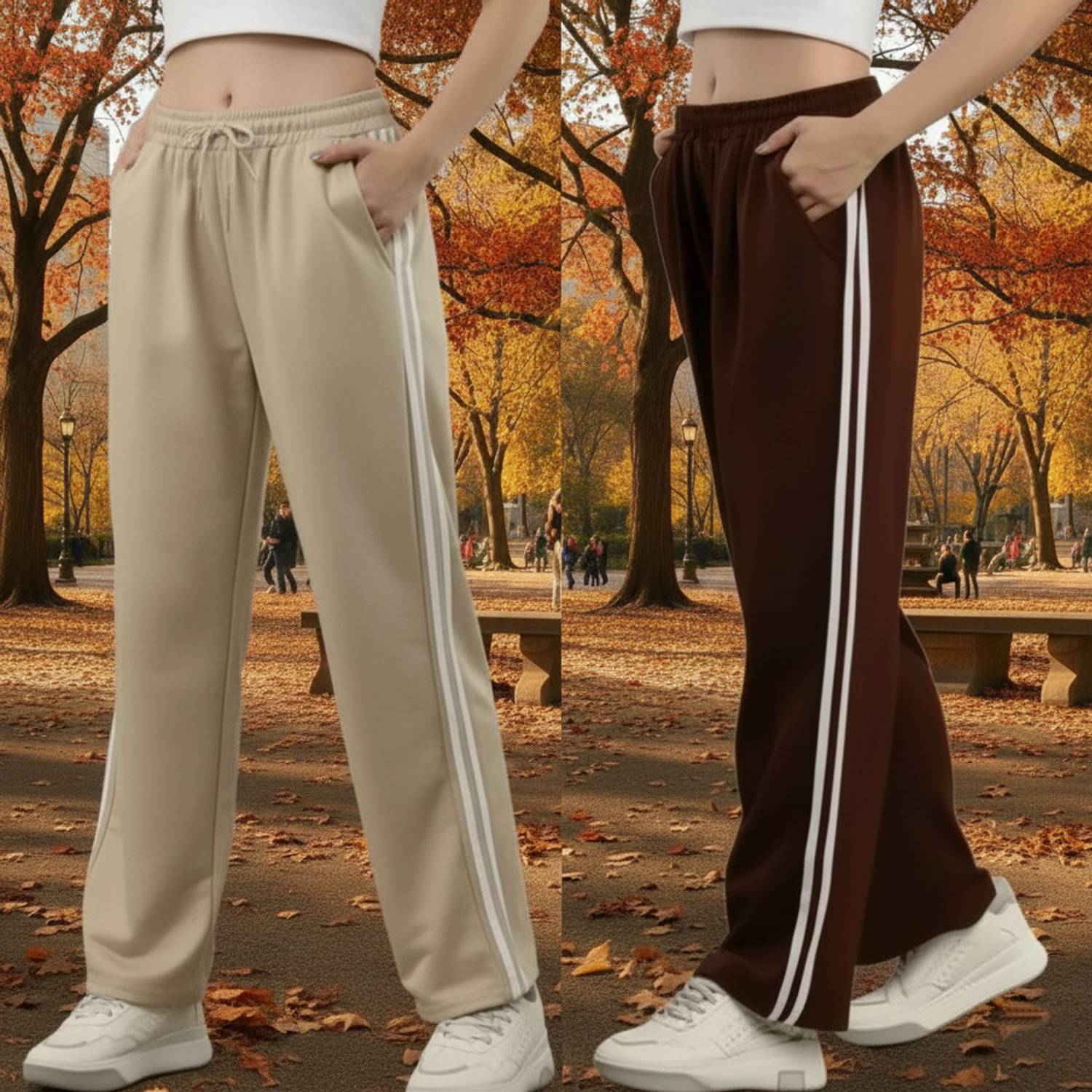 Pack of 2 Women Comfort Fit Brown, Beige Cotton Blend Trousers - Image 1