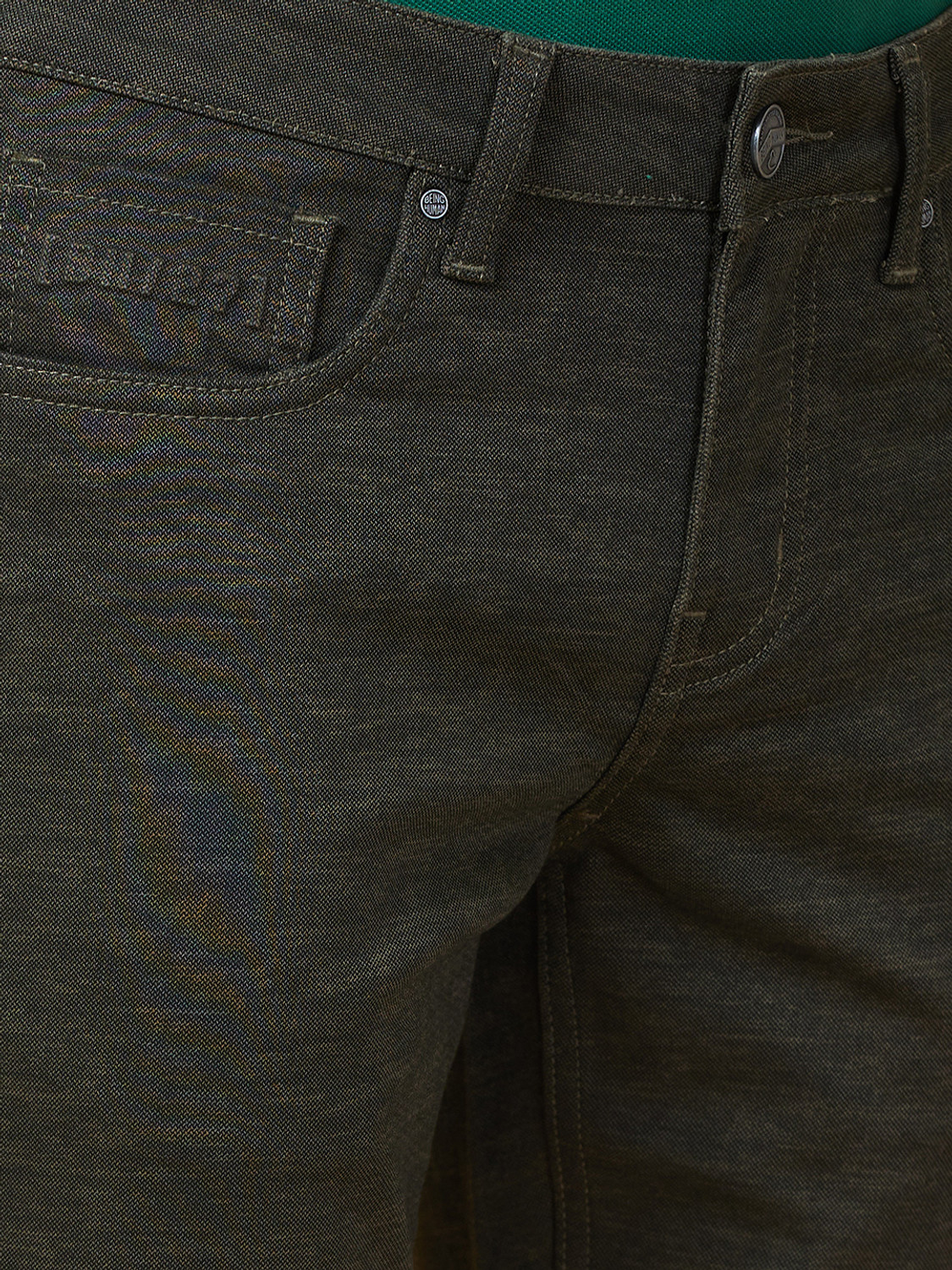 Image of BEING HUMAN Olive Cropped fit Men's Chinos by Being Human Clothing Regular Fit Men Dark Green Trousers