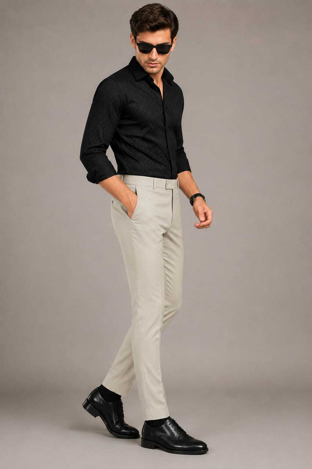 Image of Moudlin Men Regular Fit Beige Cotton Blend Trousers
