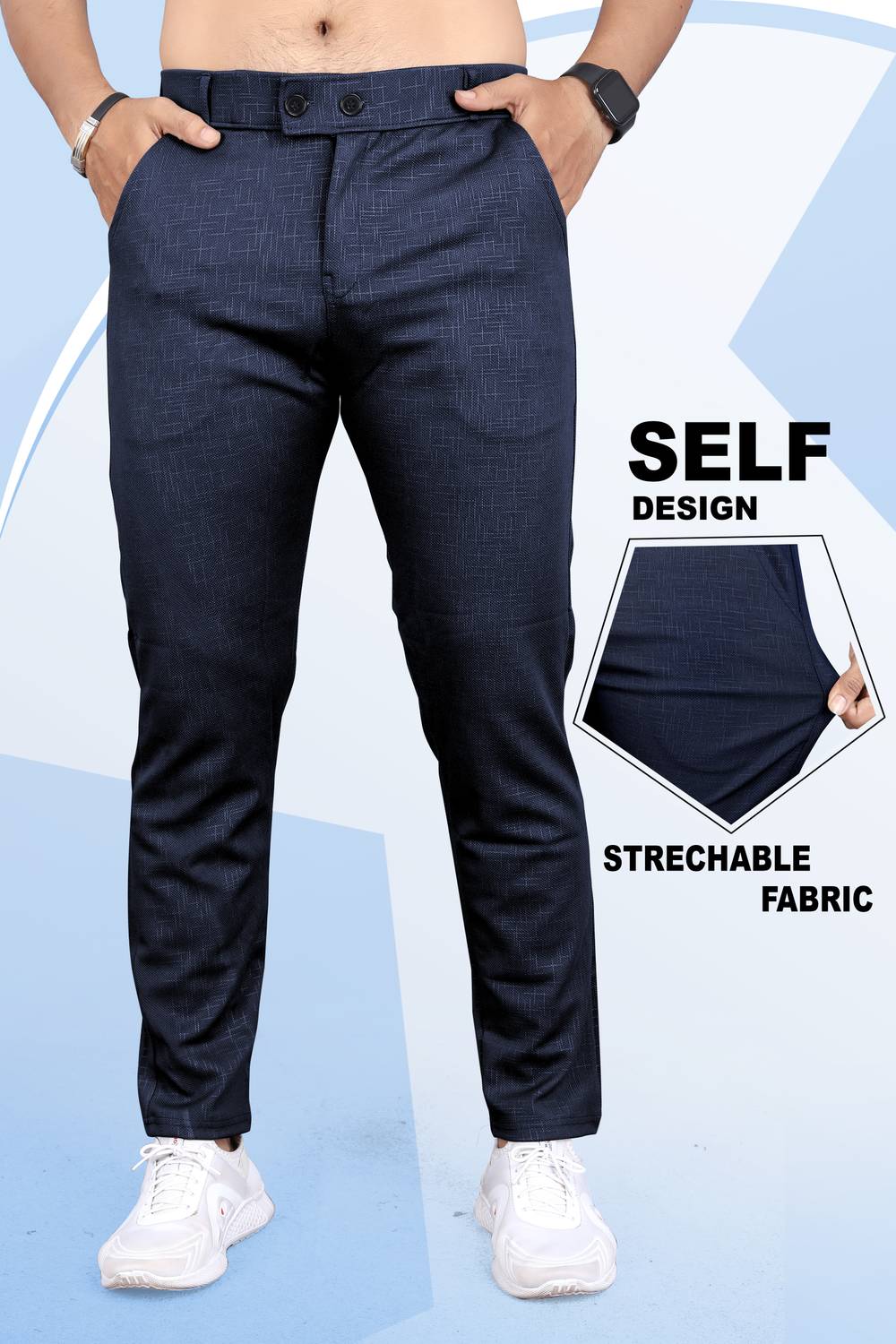 INDICLUB Men Slim Fit Dark Blue Linen Blend Trousers