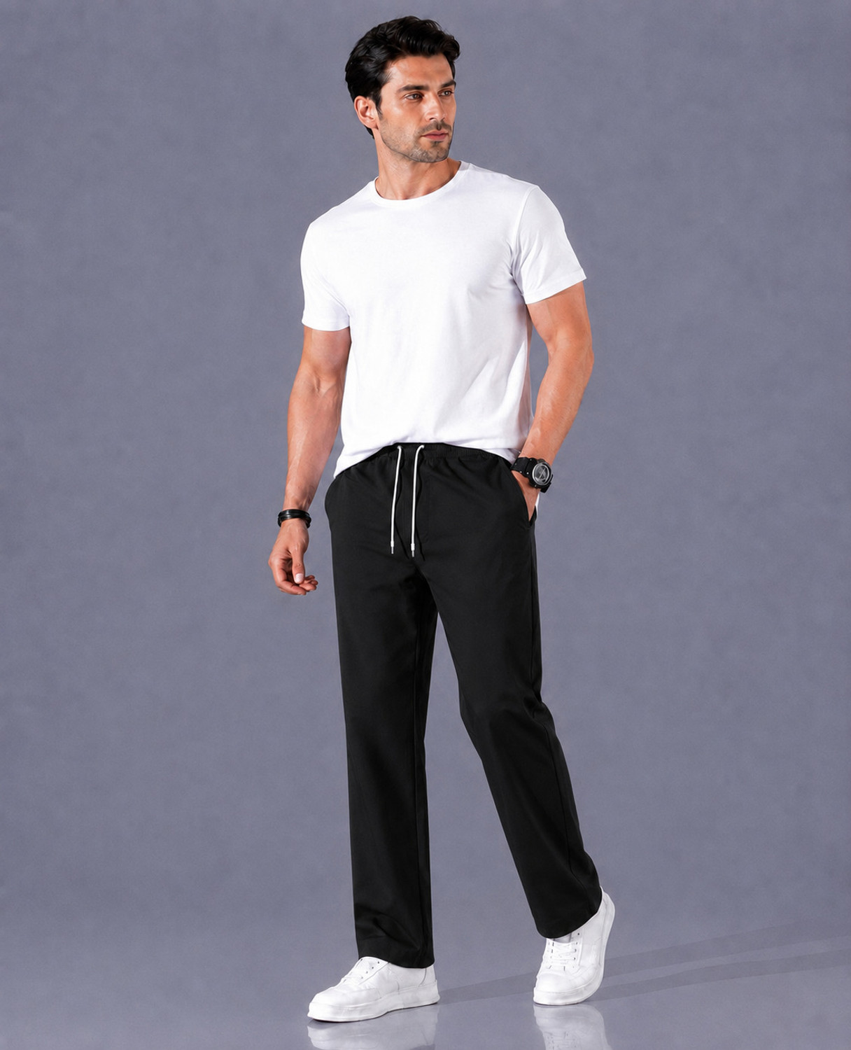 Image of SK Clasy Pack of 2 Men Solid Beige, Black Track Pants