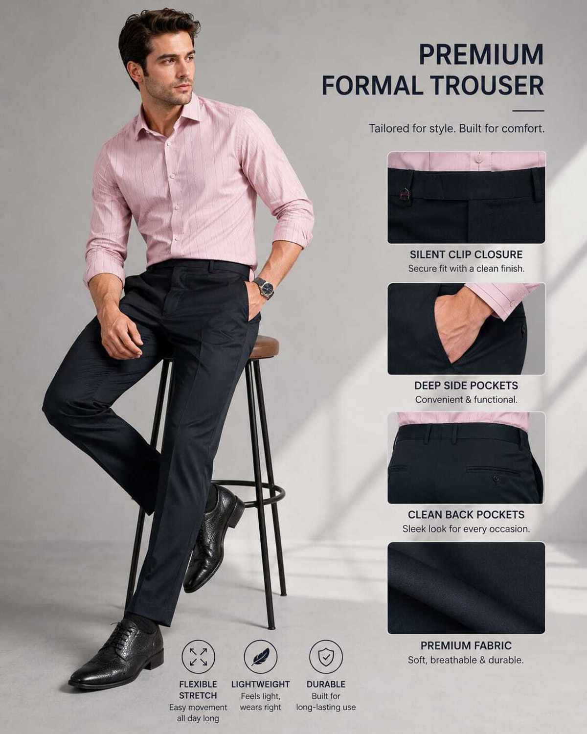 Image of Moudlin Men Regular Fit Black Cotton Blend Trousers