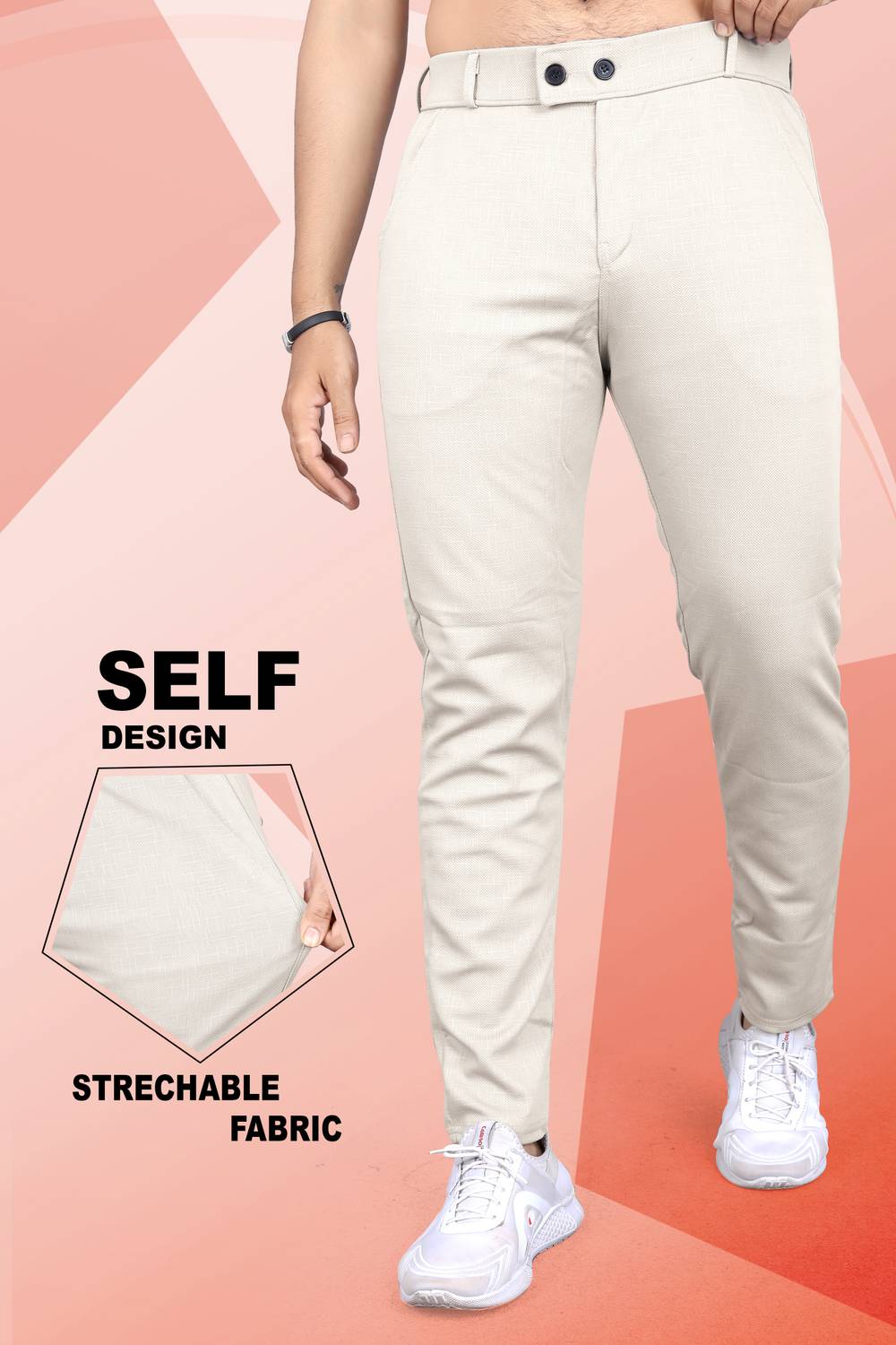 INDICLUB Men Slim Fit Cream Linen Blend Trousers
