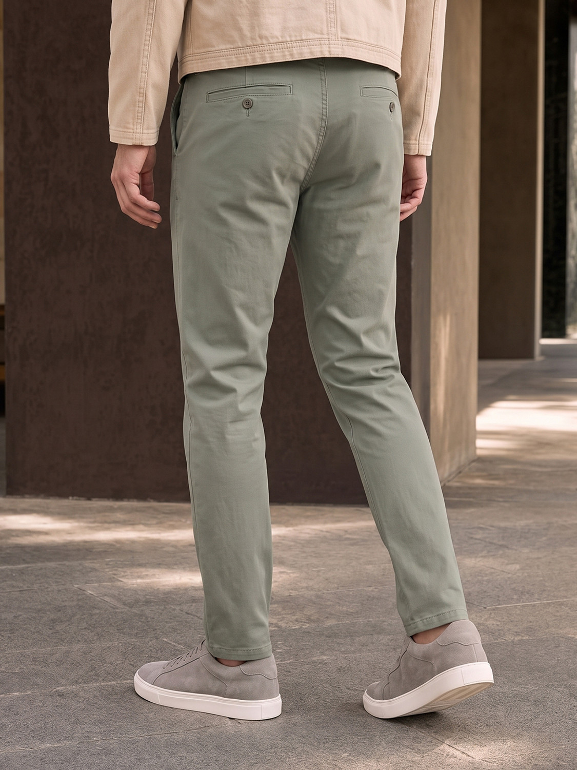 Image of NOBERO Men Tapered Light Green Cotton Blend Trousers