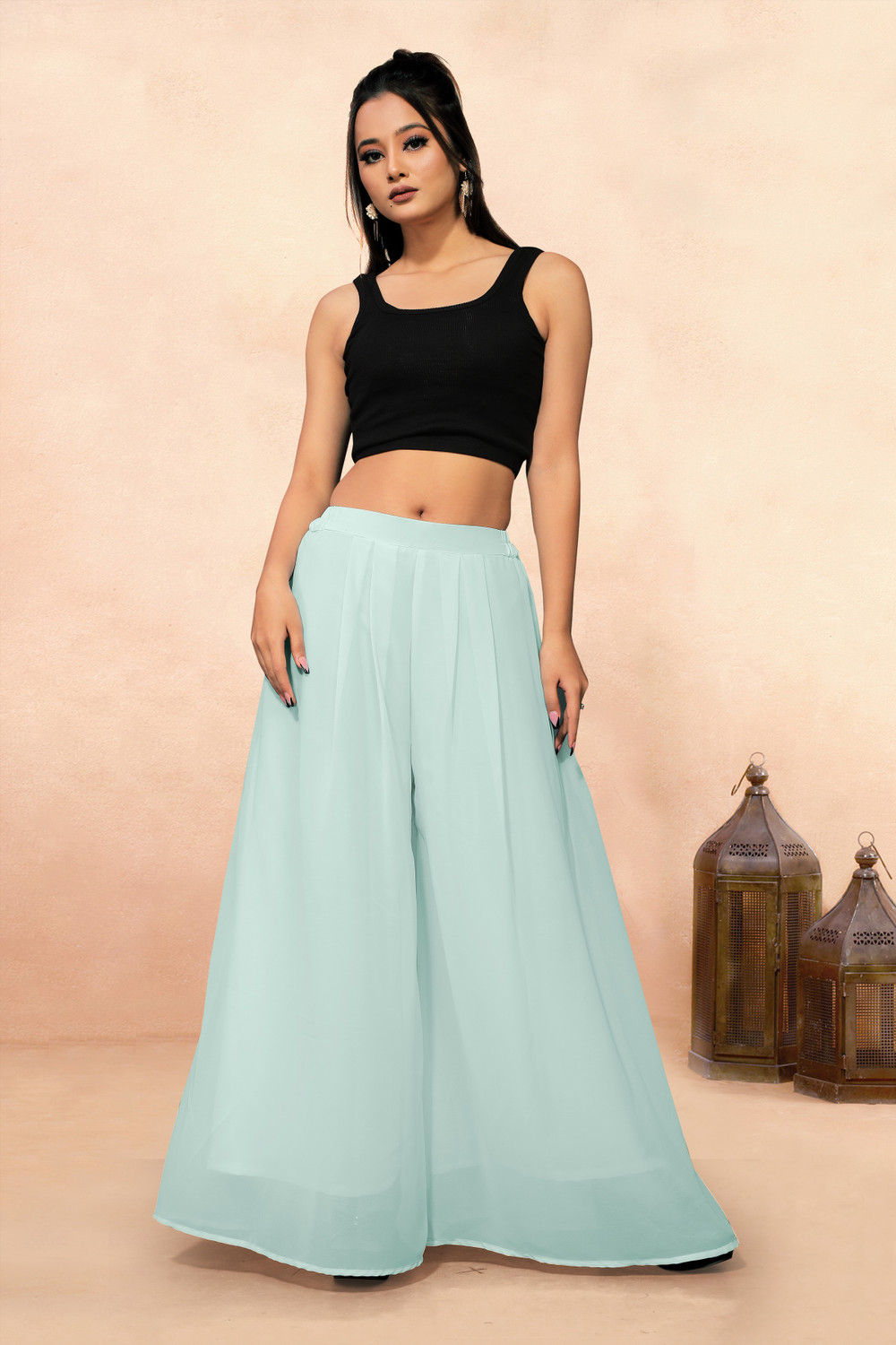 Image of Anti Wrinkle Designer Flared Women Light Green Trousers