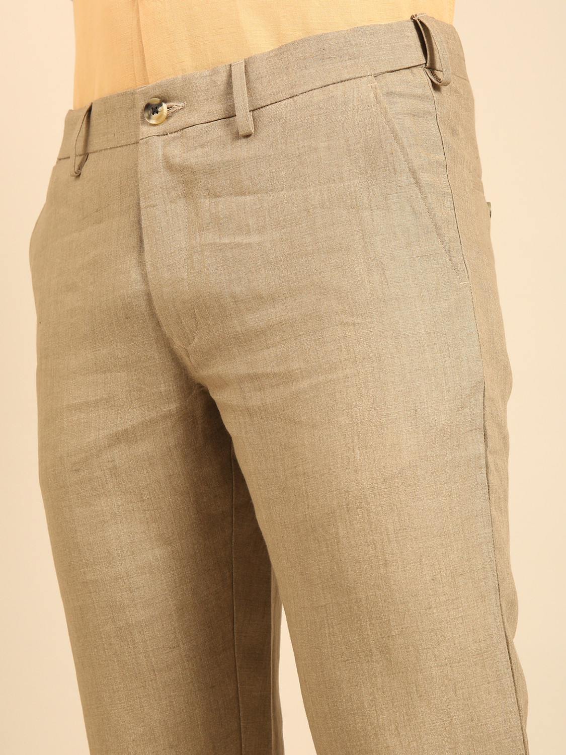 Image of Linen Club Men Regular Fit Khaki Pure Linen Trousers