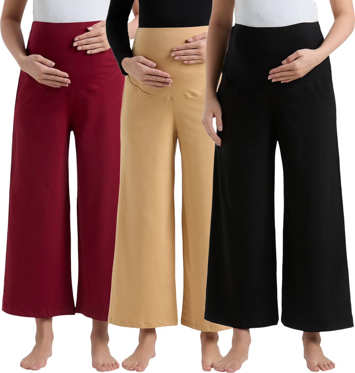 Image of Evamomies Pack of 3 Women Regular Fit Black, Beige, Maroon Cotton Blend Trousers