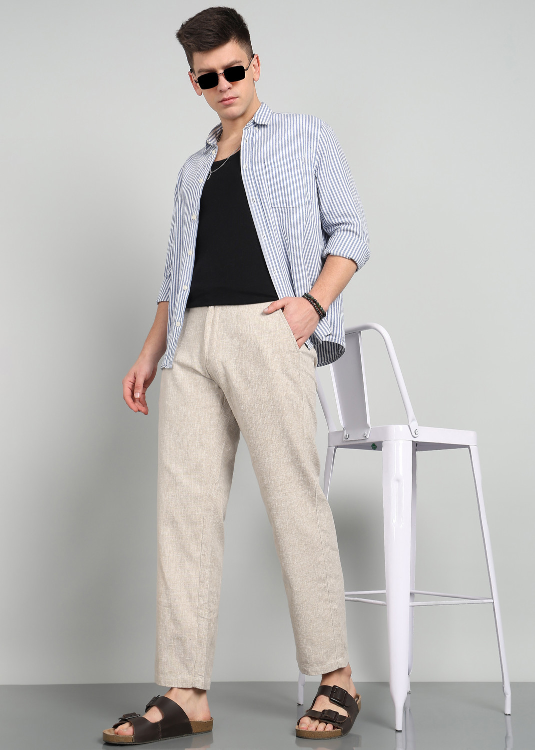 Image of Mast & Harbour Men Regular Fit Cream Cotton Blend Trousers