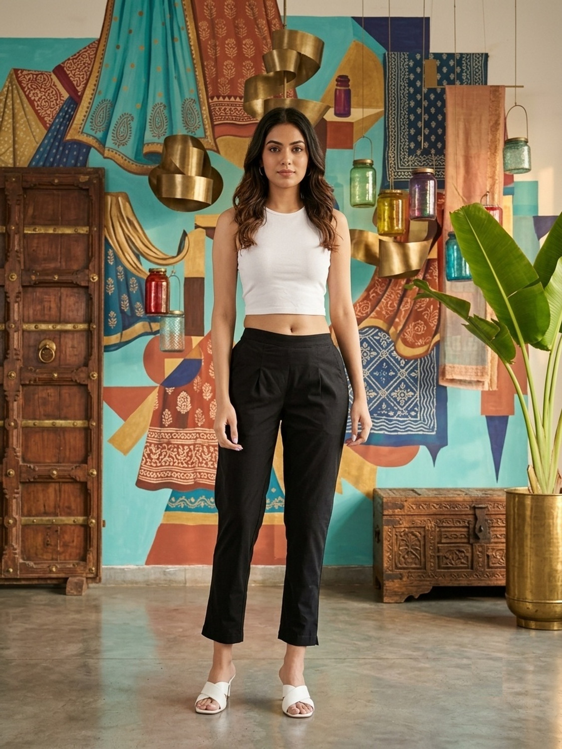 Image of fnj Women Regular Fit Black Pure Cotton Trousers