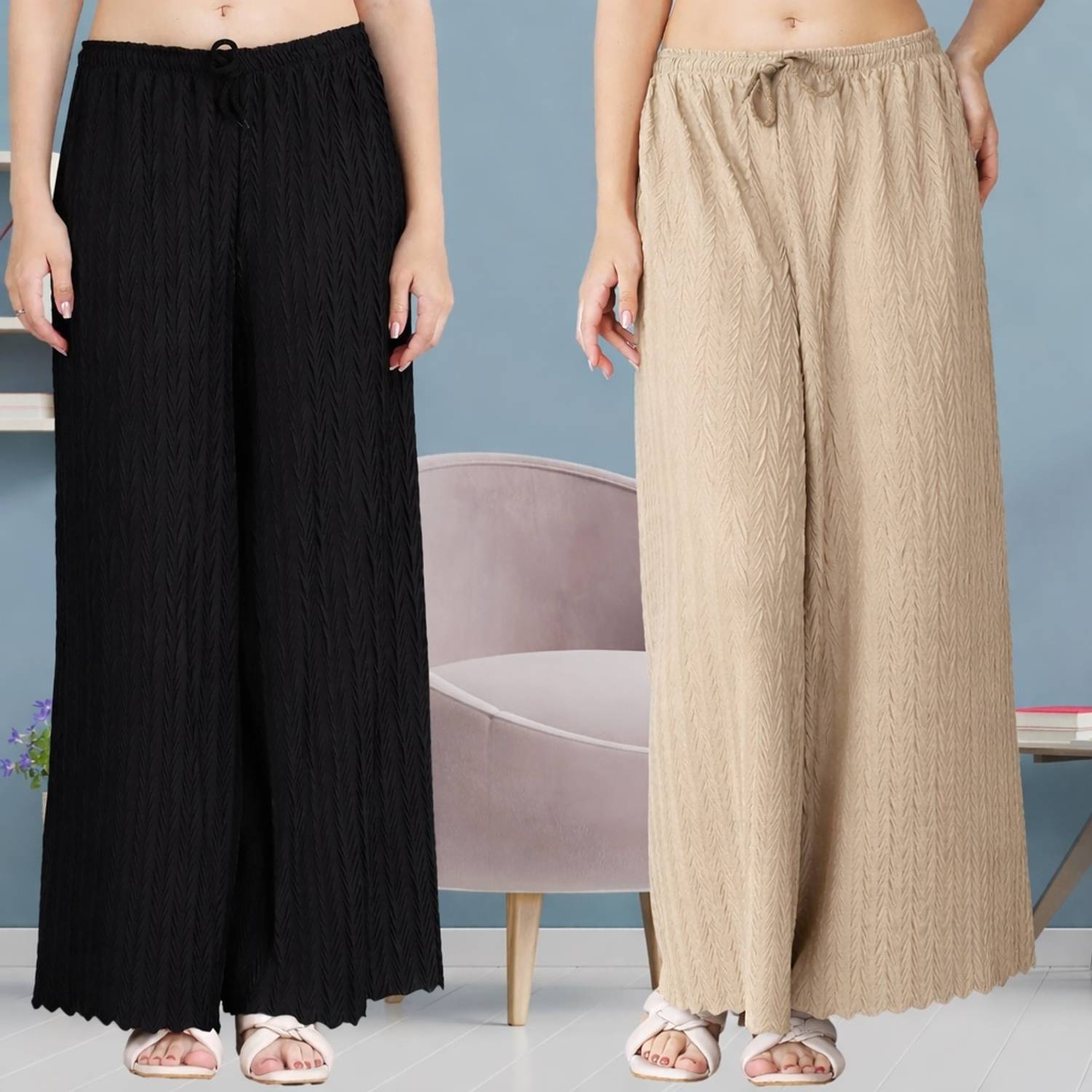Amazplus Flared Women Black, Beige Trousers