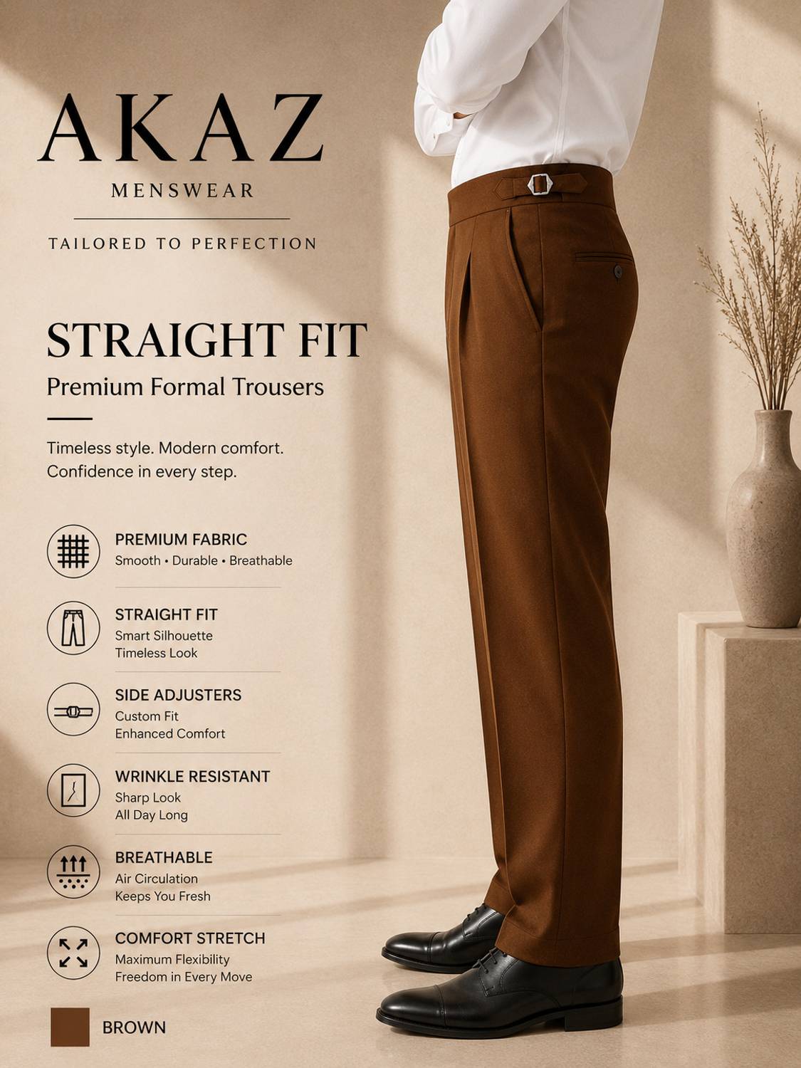 AKAZ Straight Fit Men Brown Trousers - Image 2
