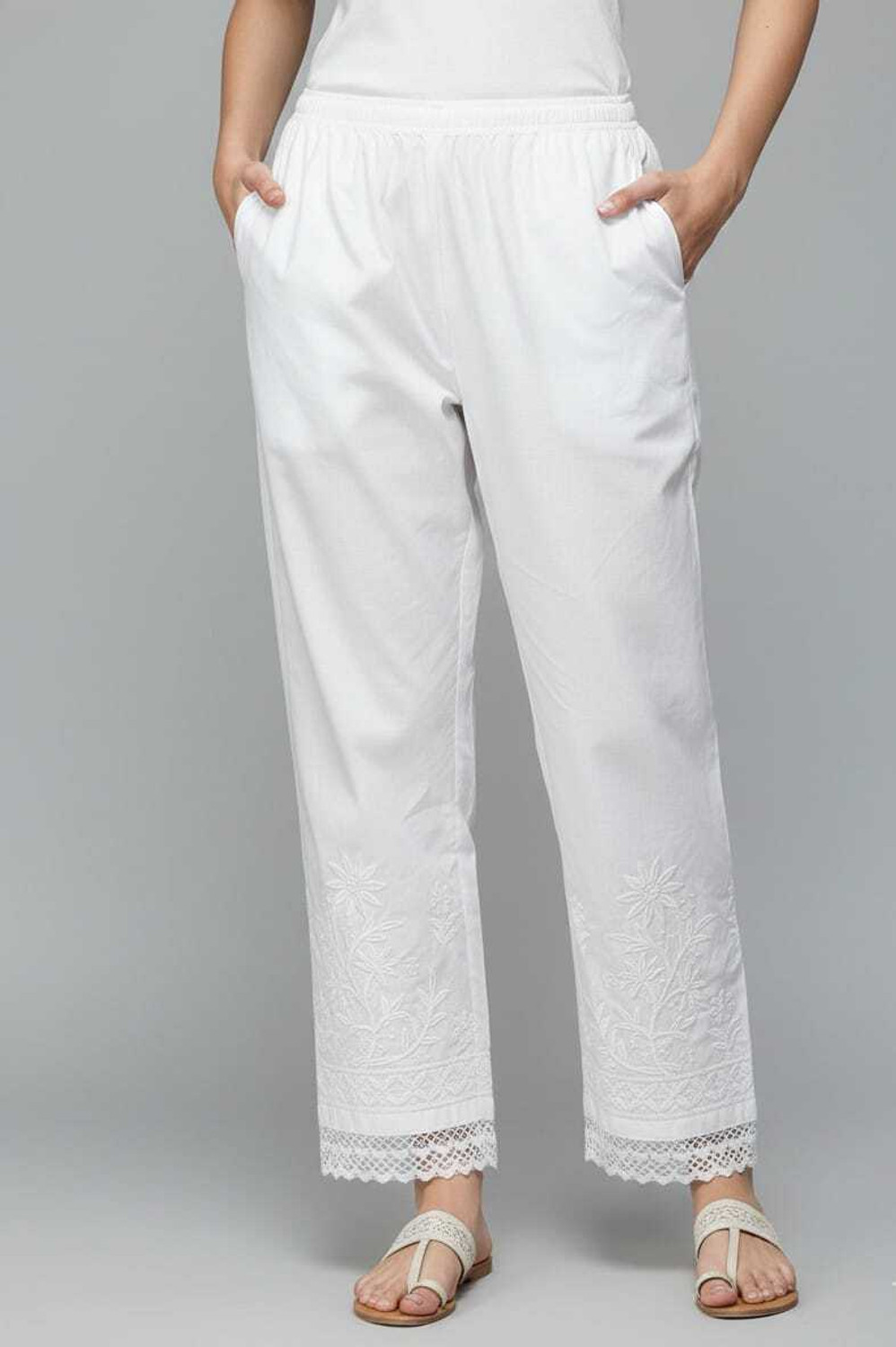 Image of XSHE LUCKNOWI CHIKANKARI Regular Fit Women White Trousers