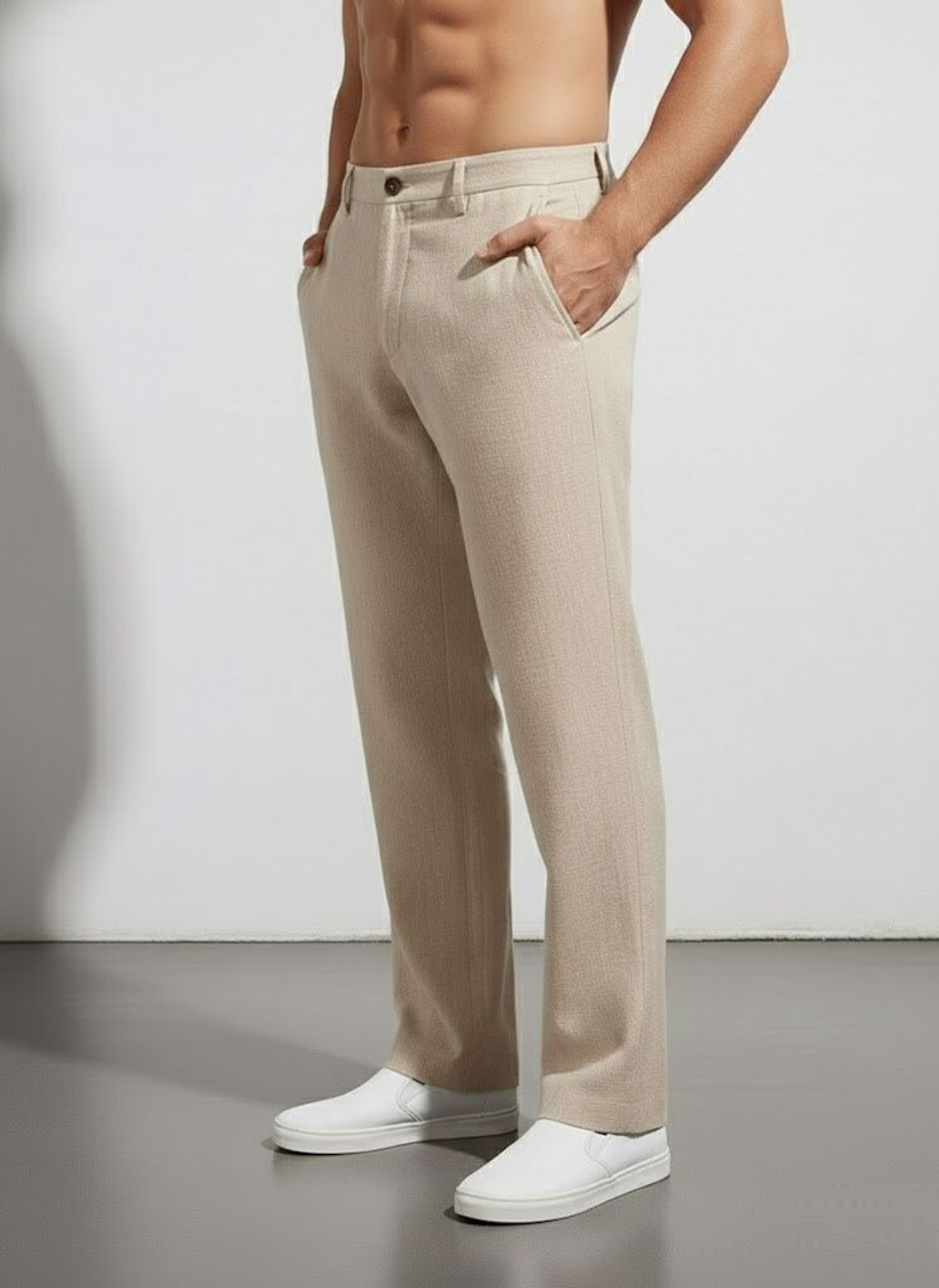 Image of Smowkly Straight Fit Men Beige Trousers
