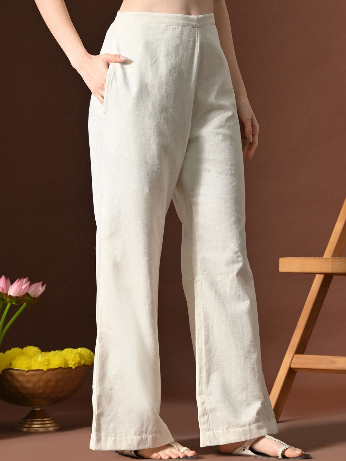 Image of SANGAKURTI Loose Fit Women White Trousers