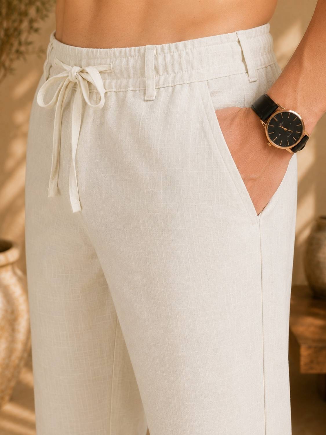 Men Regular Fit Cream Cotton Blend Trousers - Image 4