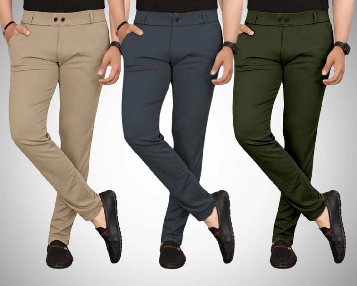 Image of Z6W Pack of 3 Men Slim Fit Khaki, Grey, Dark Green Lycra Blend Trousers