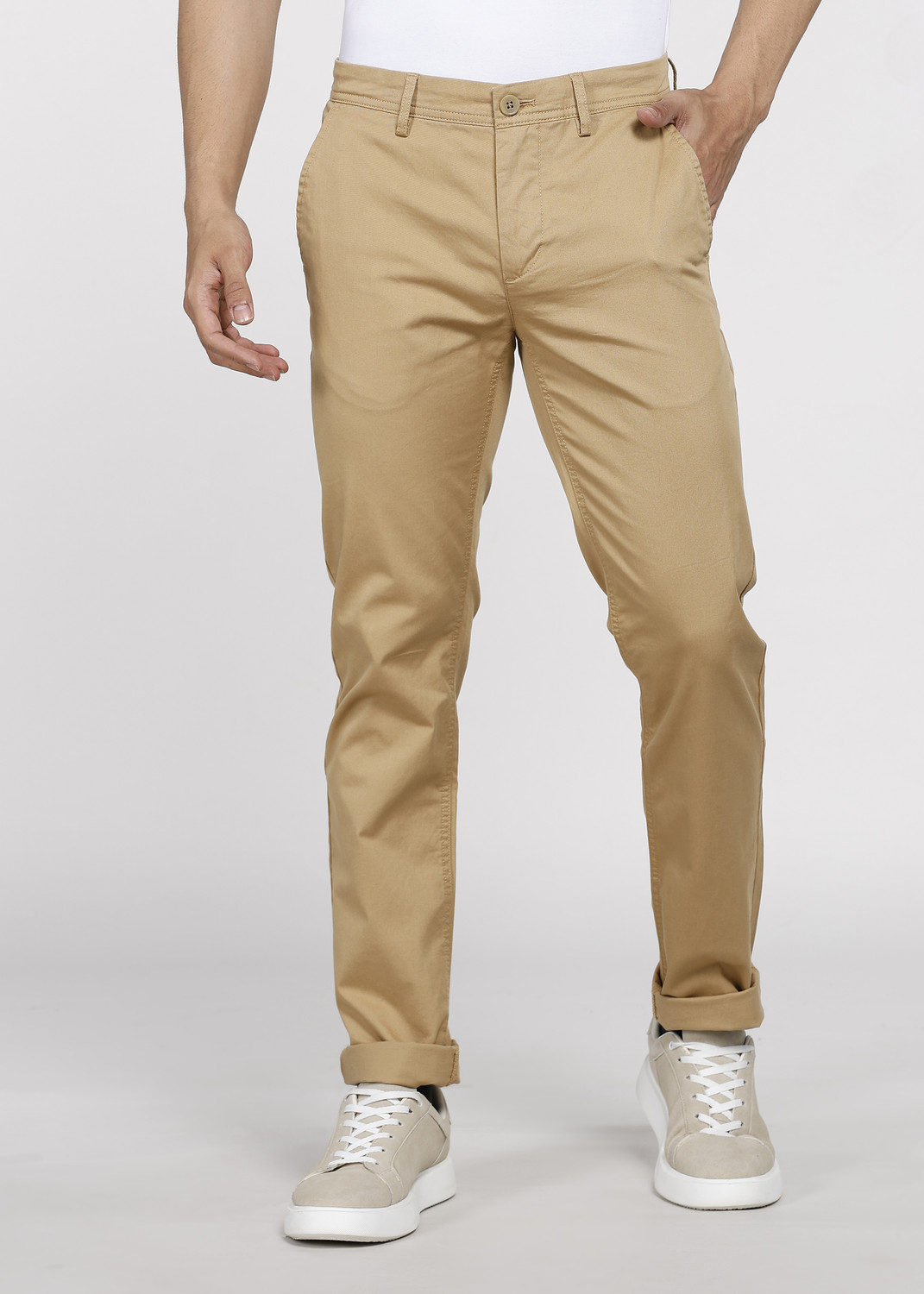 Image of PETER ENGLAND Men Slim Fit Khaki Pure Cotton Trousers