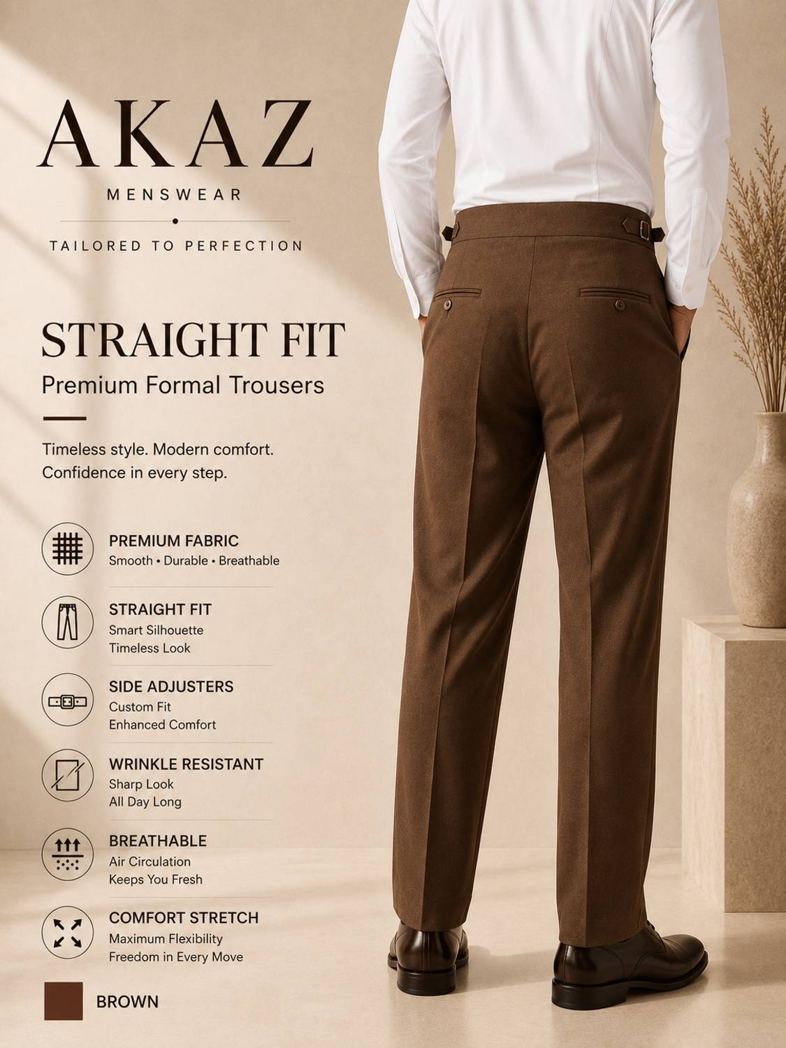 AKAZ Straight Fit Men Brown Trousers - Image 3