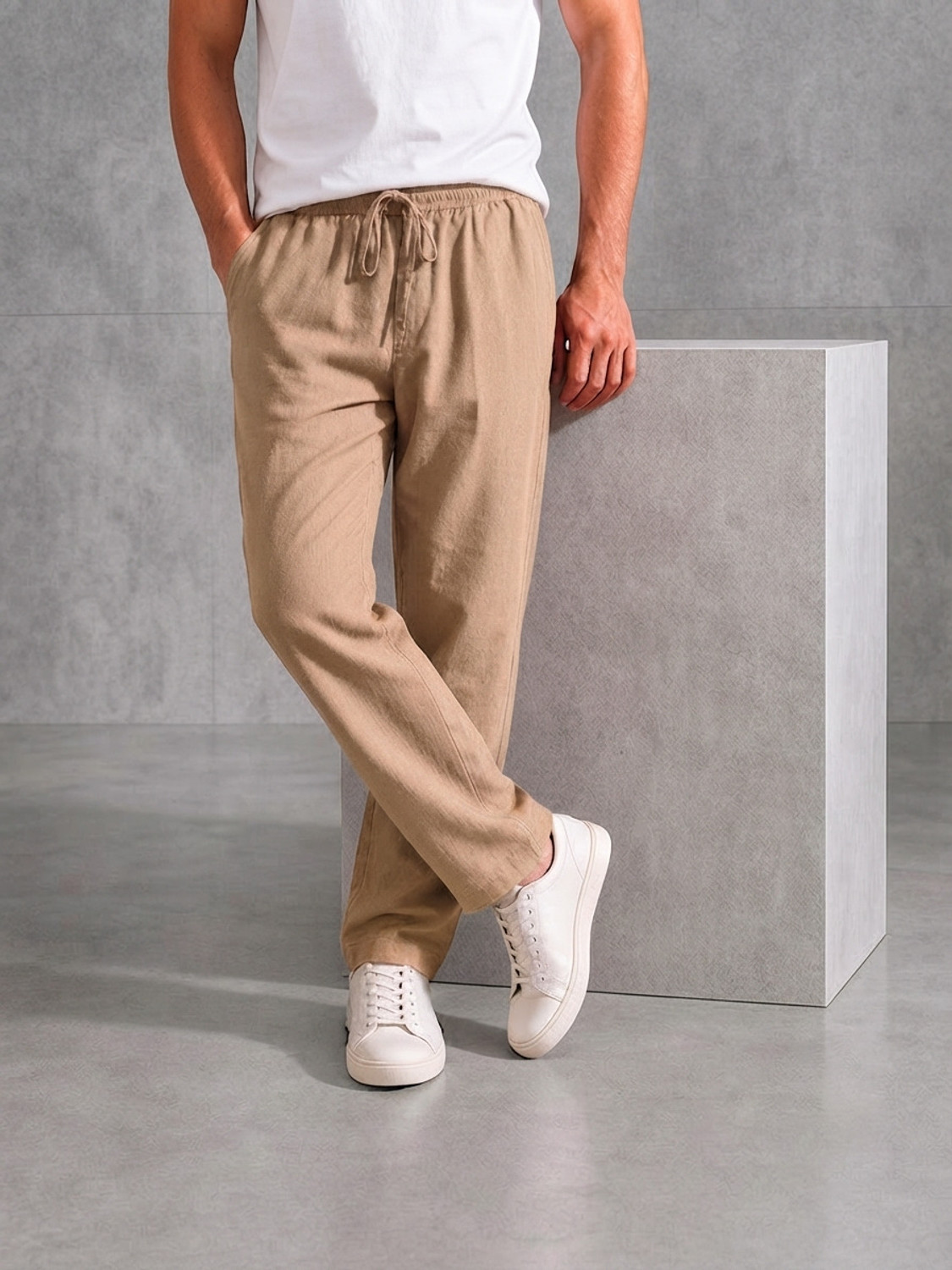 Image of HERE&NOW Straight Fit Men Cream Trousers