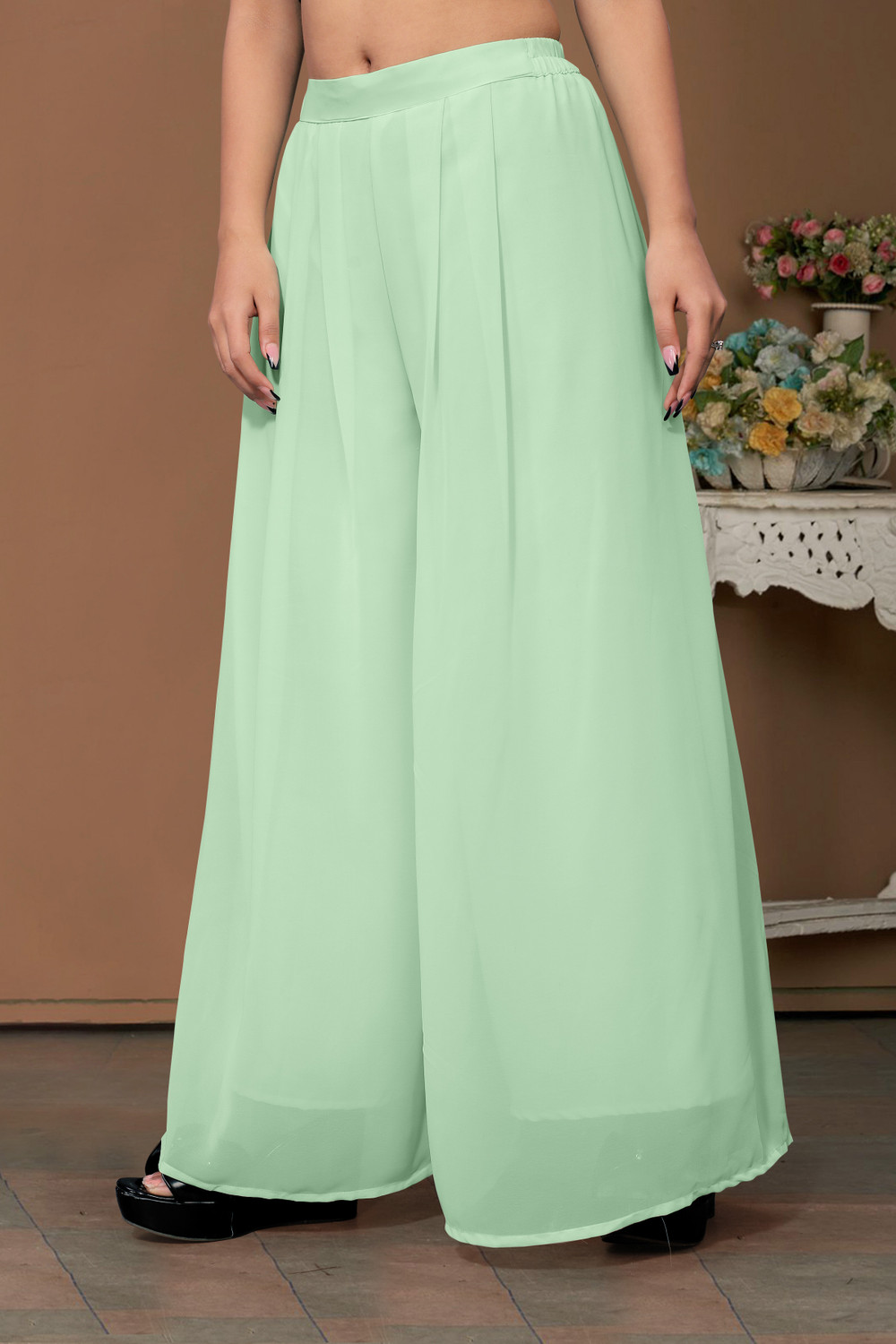 Image of Anti Wrinkle Designer Flared Women Light Green Trousers