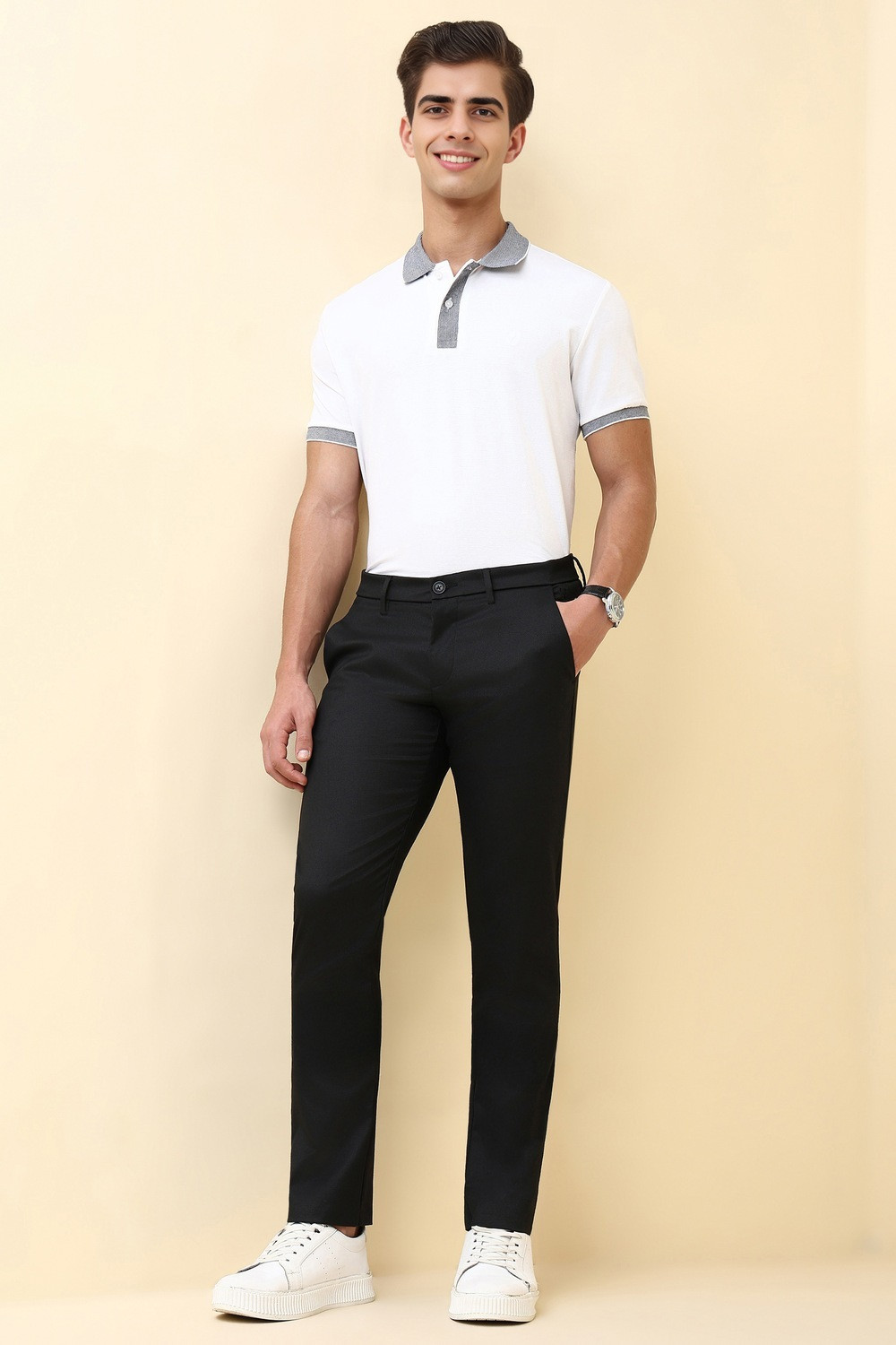 Image of Allen Solly Slim Fit Men Black Trousers