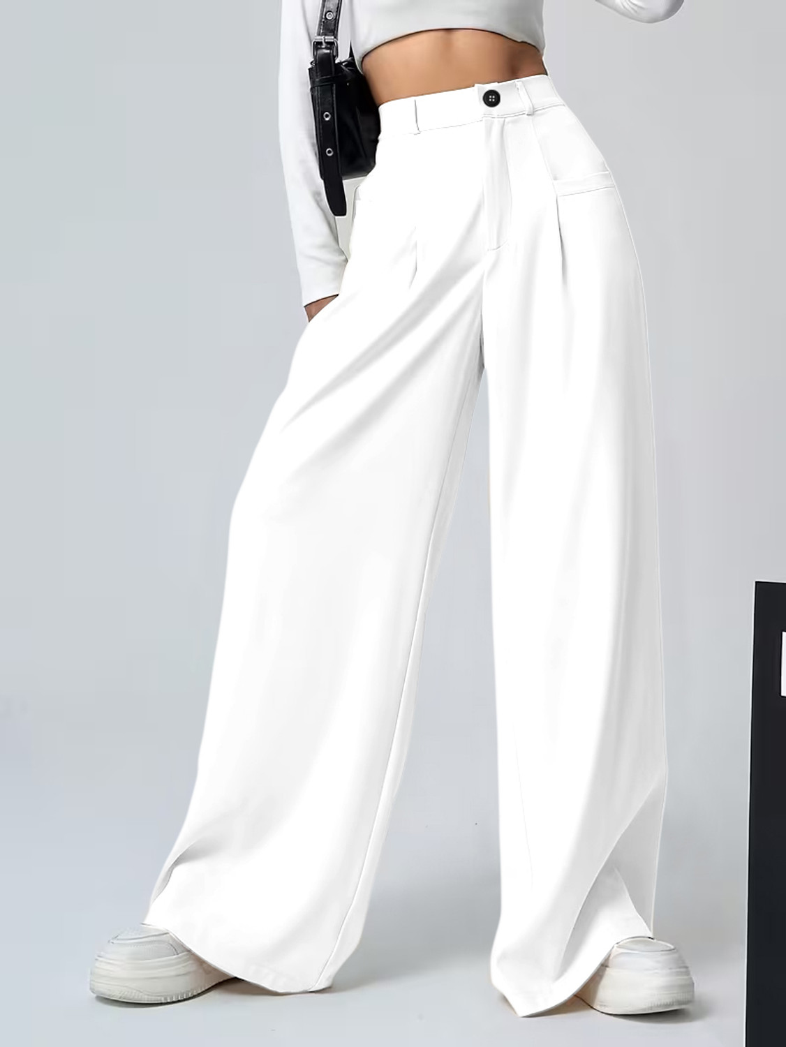 Image of Klossy Women Loose Fit White Polyester Trousers
