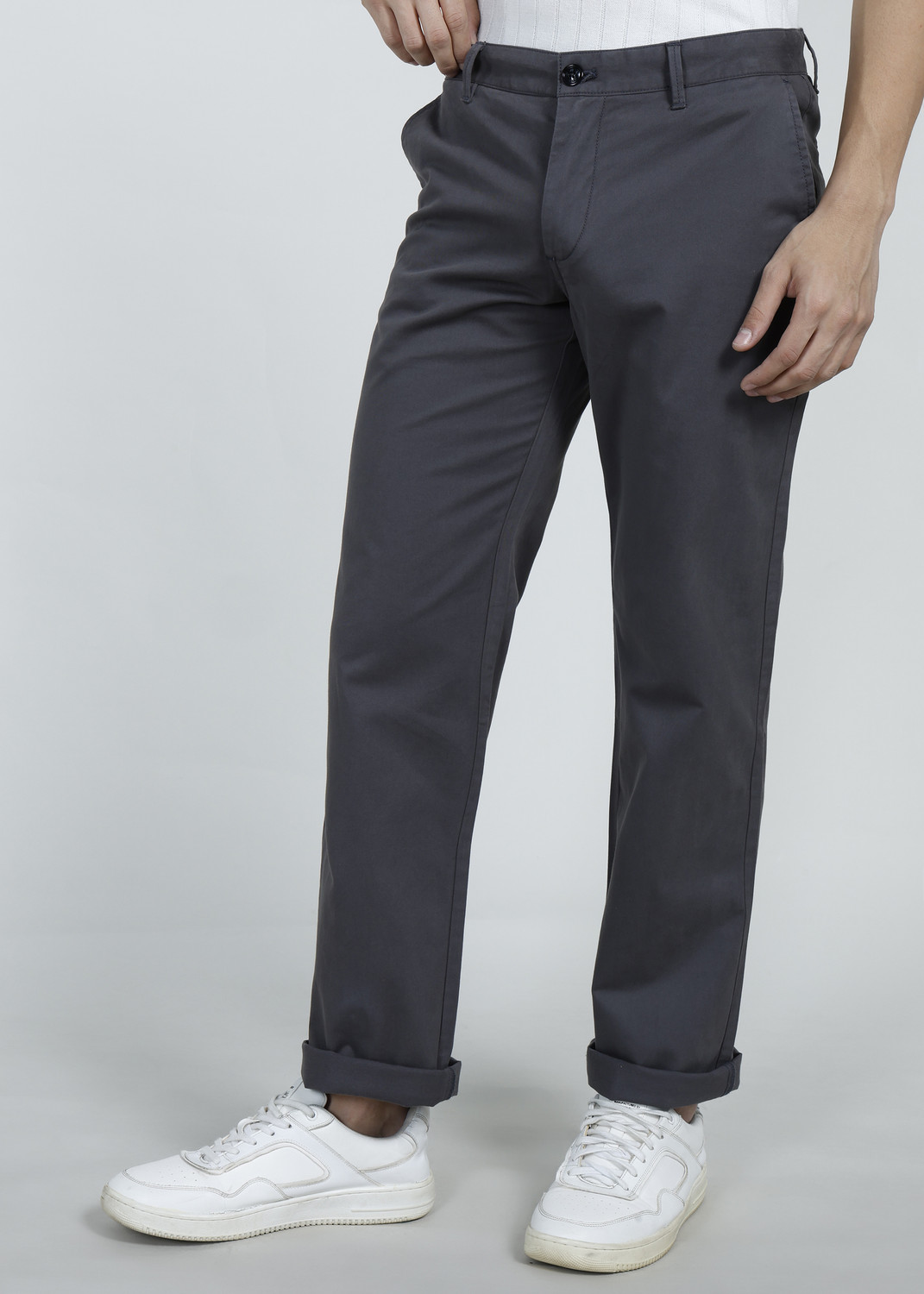 Image of INDIAN TERRAIN Men Regular Fit Grey Cotton Blend Trousers