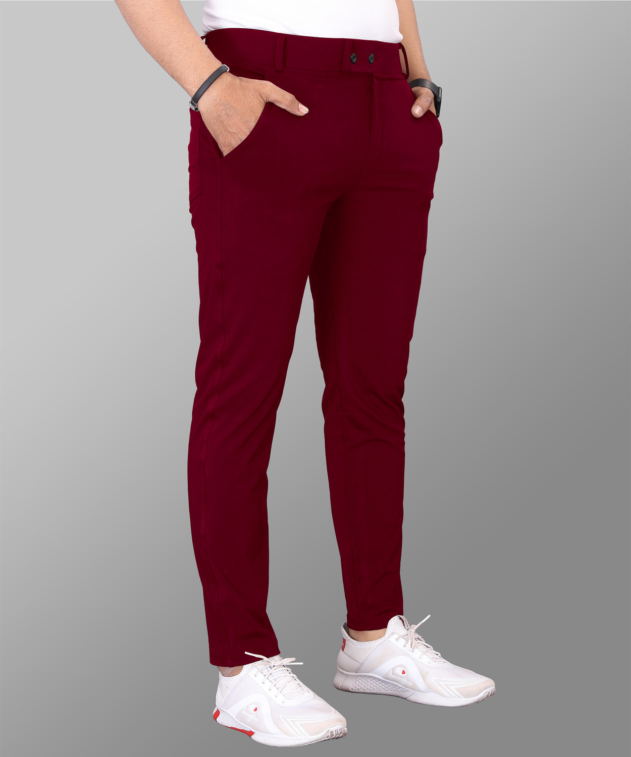 Image of COMBRAIDED Slim Fit Men Blue, Maroon Trousers