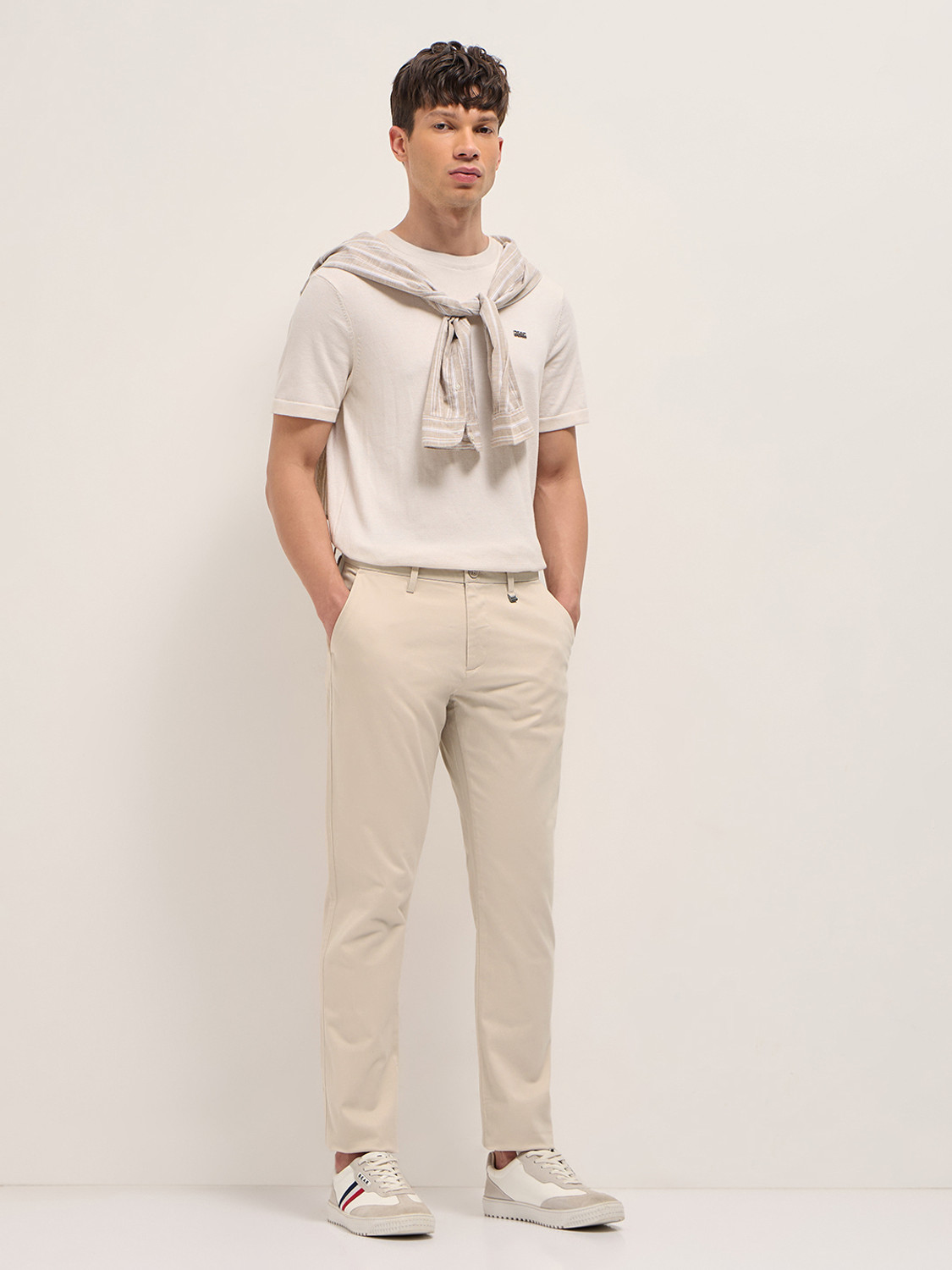 Image of THE BEAR HOUSE Straight Fit Men Cream Trousers