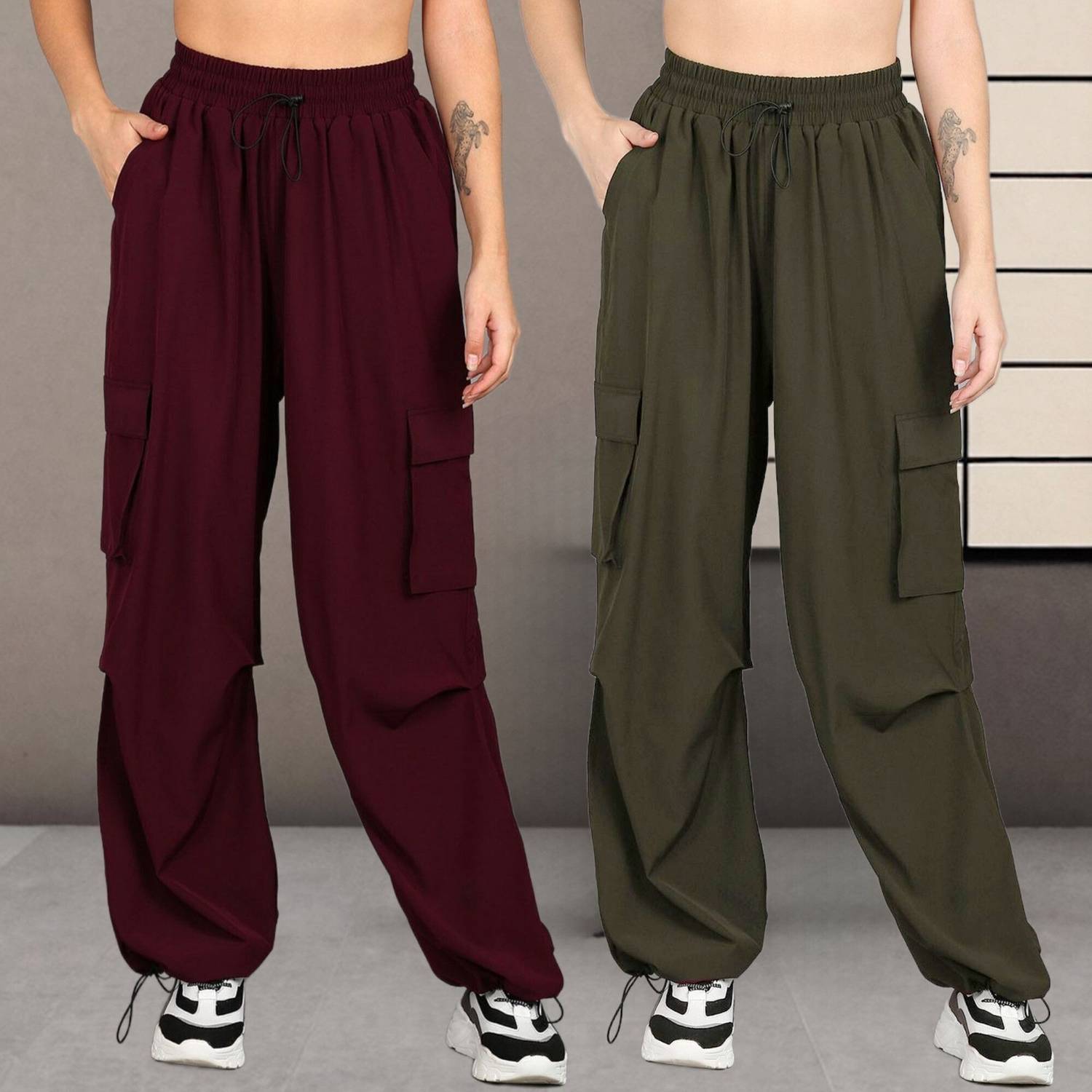 1stLov Regular Fit Women Maroon, Dark Green Trousers