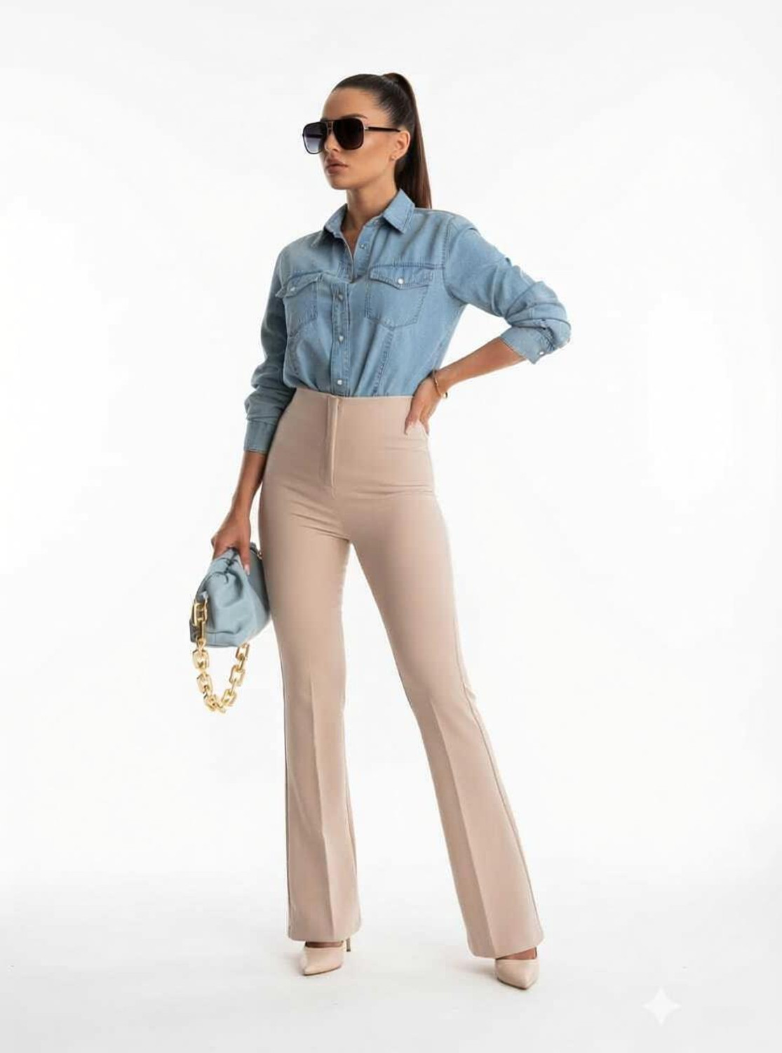 Image of High-Buy Flared Women Beige Trousers