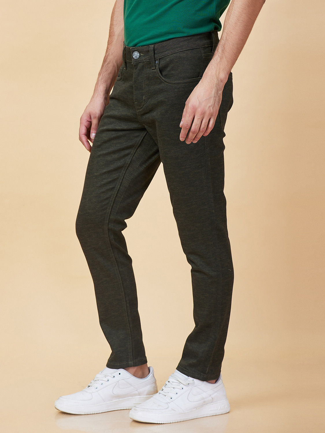 Image of BEING HUMAN Olive Cropped fit Men's Chinos by Being Human Clothing Regular Fit Men Dark Green Trousers