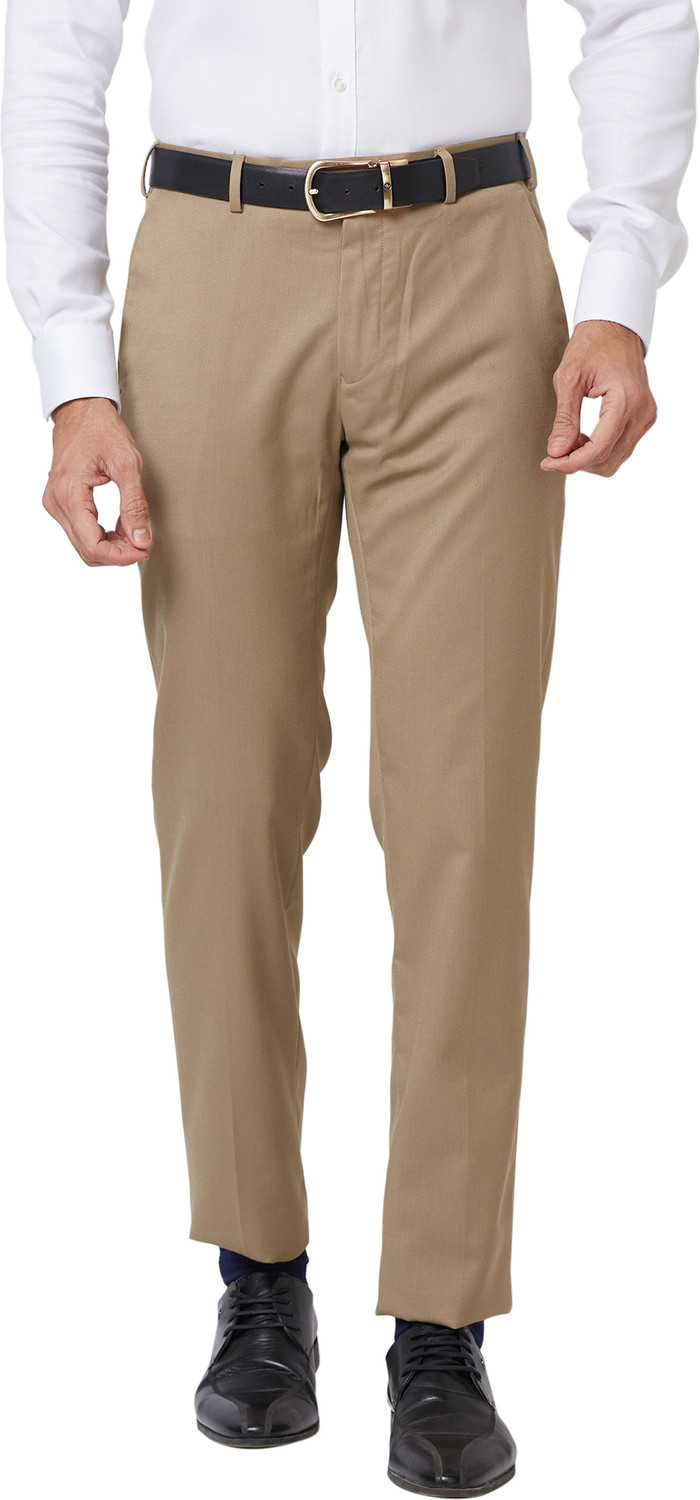 Image of Raymond Men Slim Fit Beige Polyester Trousers