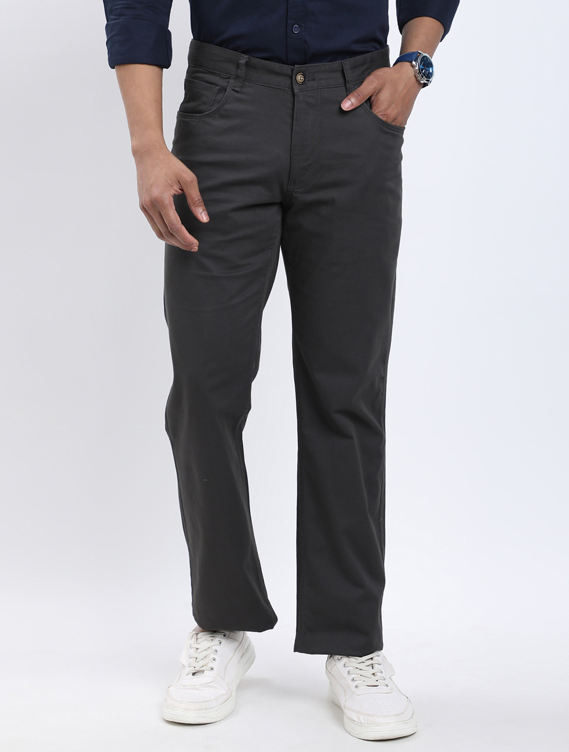 Image of INDIAN TERRAIN Regular Fit Men Grey Trousers