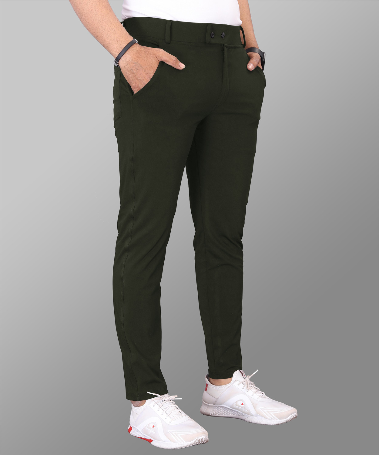 Image of COMBRAIDED Slim Fit Men Dark Green Trousers