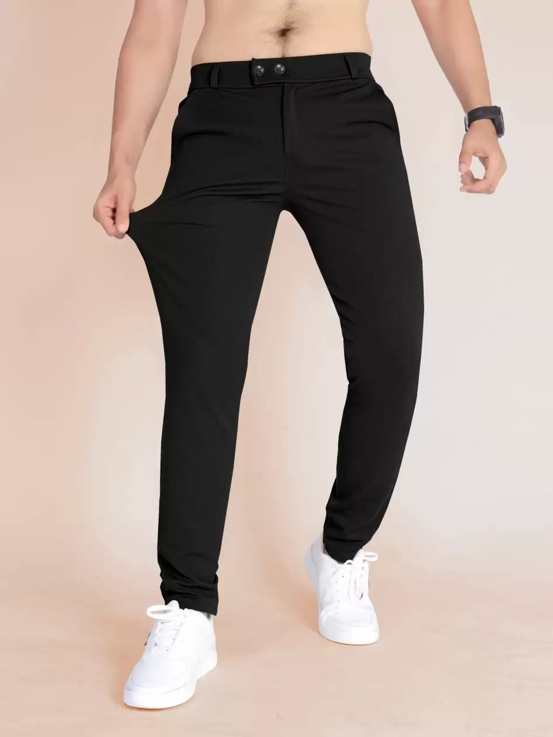 Image of NAYAKRIT Slim Fit Men Black, Grey Trousers