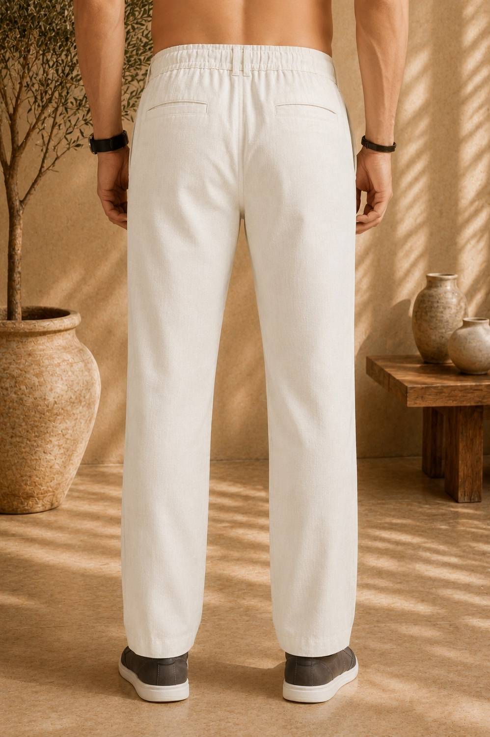 Men Regular Fit Cream Cotton Blend Trousers - Image 2